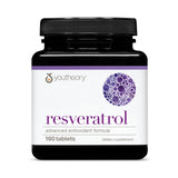 Youtheory Resveratrol Advanced en botella frontal; soporte antioxidante diario.