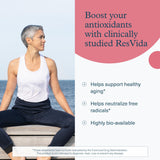Youtheory Resveratrol Advanced etiqueta ResVida; información clara sobre la fórmula.