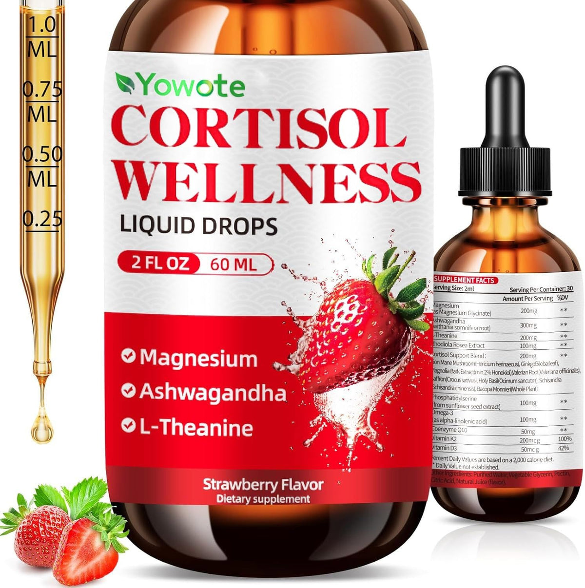 YOWOTE Gotas equilibran cortisol para calma diaria, sabor a fresa