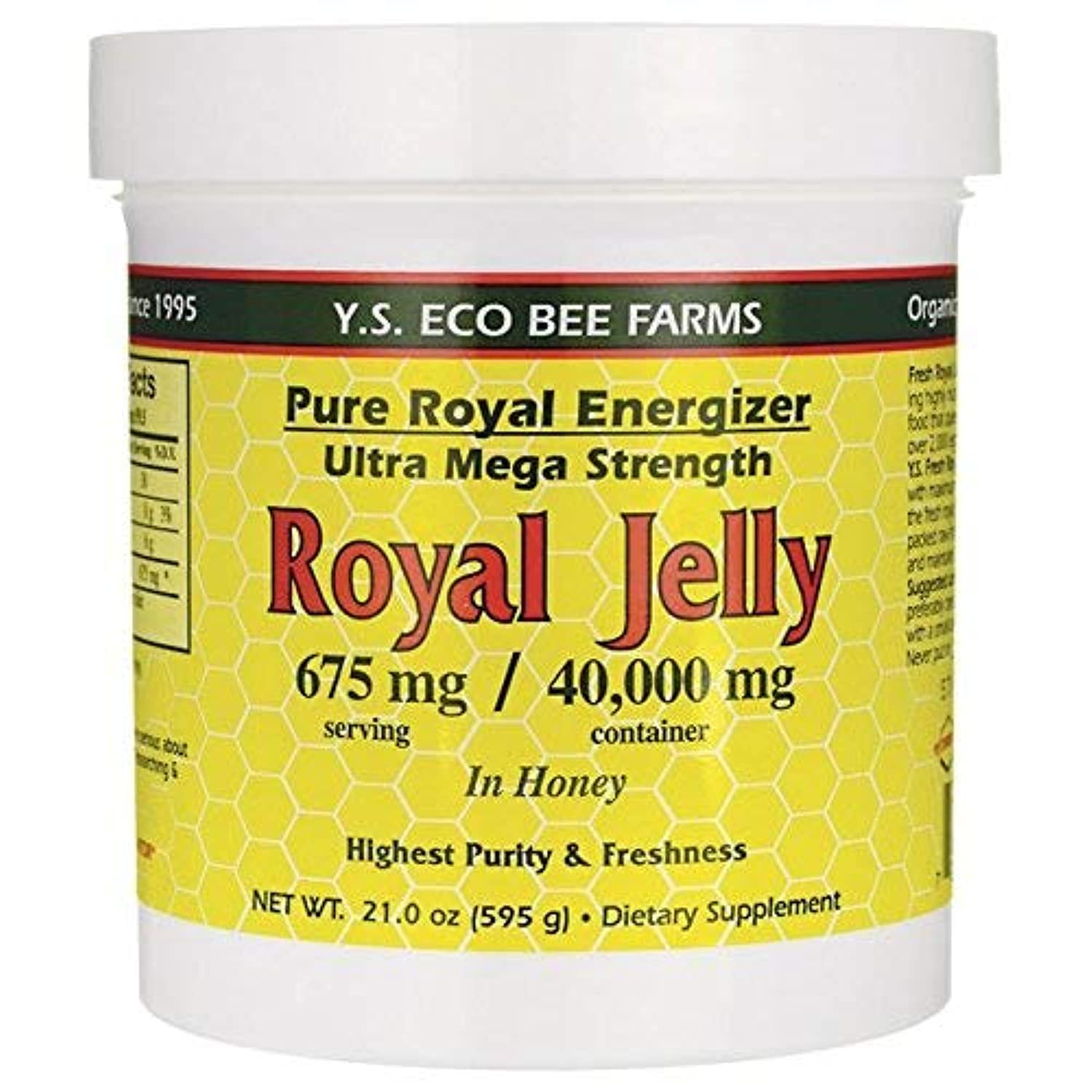 YS Eco Bee Farms jalea real en miel, frasco: energía diaria suave y fácil de incorporar.