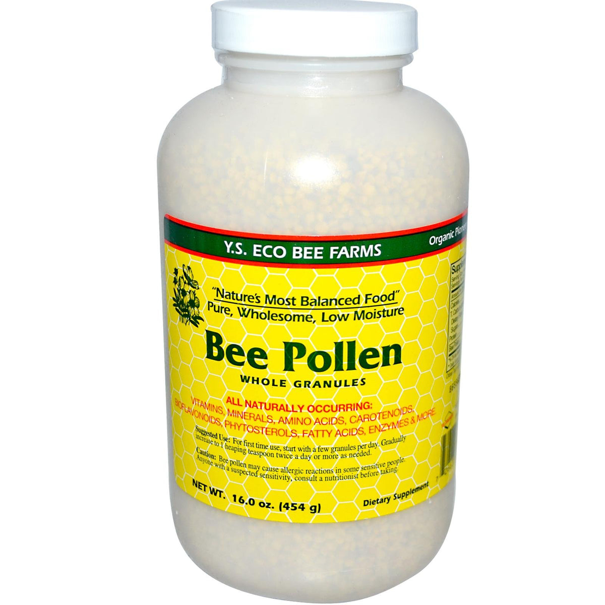Polen de abeja de baja humedad de YS Eco Bee Farms en granulado, ideal para recetas