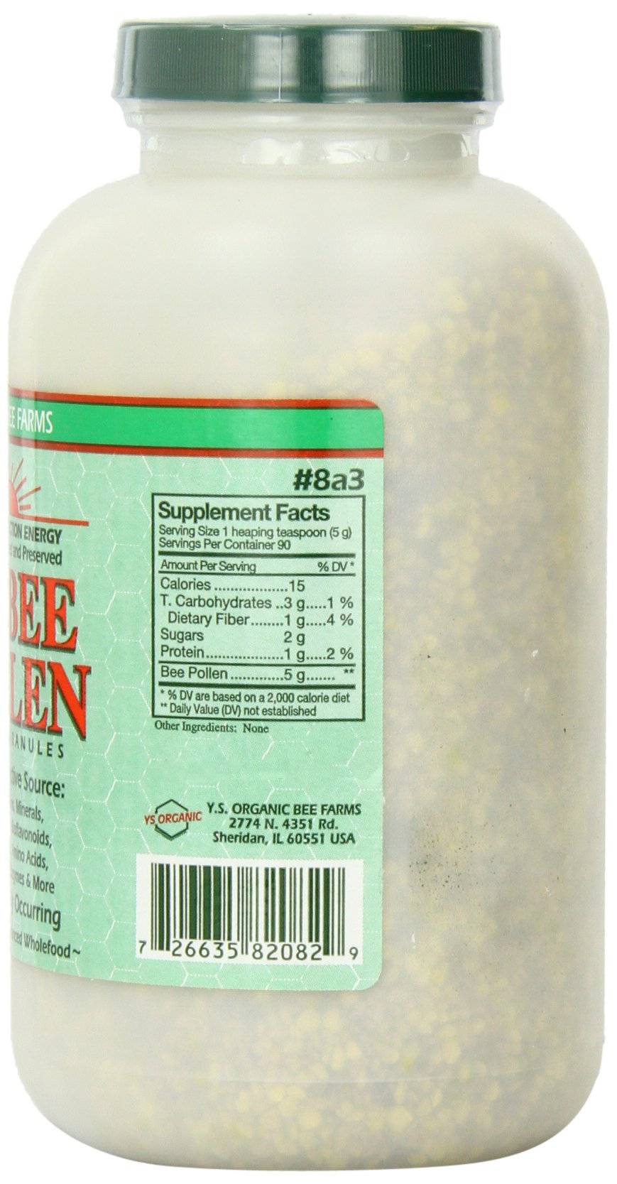YS Eco Bee Farms Polen de abeja en frasco de vidrio, ideal para añadir a batidos.