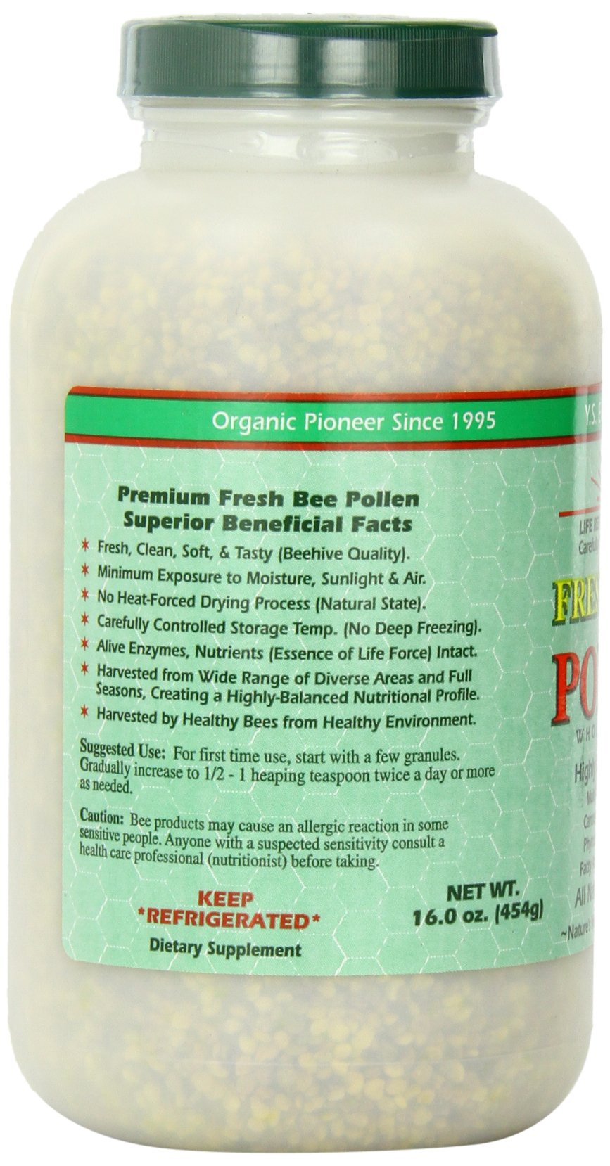 YS Eco Bee Farms Polen de abeja granulado, primer plano con textura dorada.