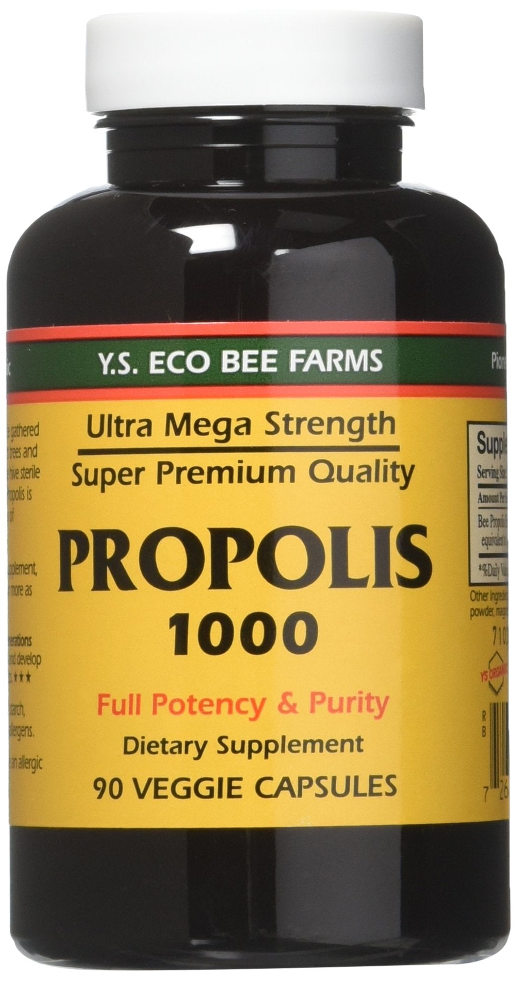 YS Eco Bee Farms Propolis 1000, vista frontal del frasco para uso diario