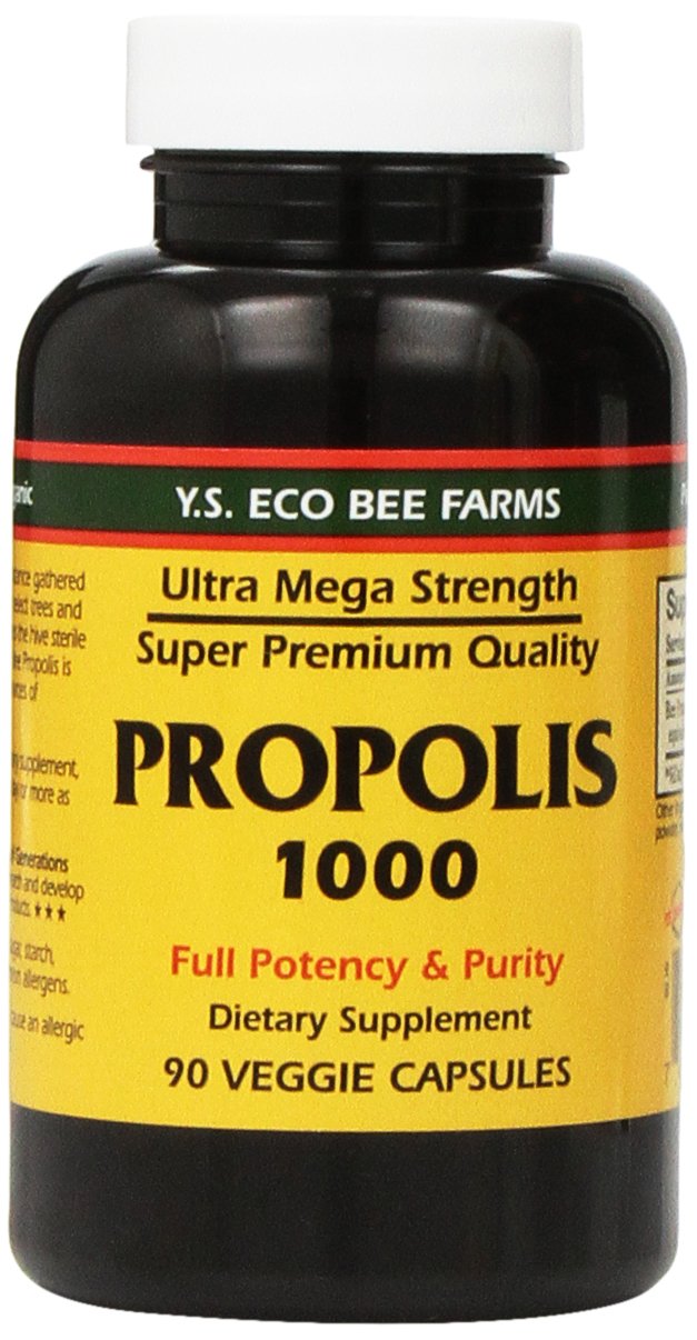 YS Eco Bee Farms Propolis crudo 1000 mg, cápsulas en envase, fuente natural de bioflavonoides.