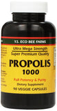 YS Eco Bee Farms Propolis crudo 1000 mg, cápsulas en envase, fuente natural de bioflavonoides.
