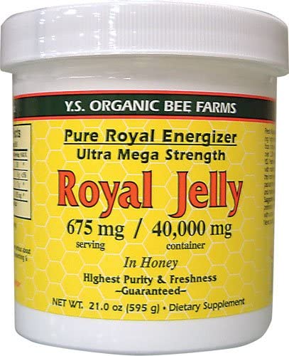 Frasco de jalea real en miel con textura densa, ideal para mezclar con yogur.