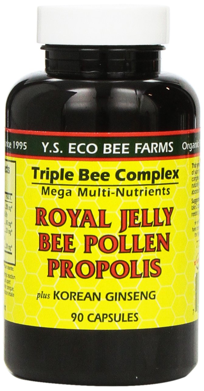 YS Organic Farms jalea real y polen de abejas; frasco visto de frente