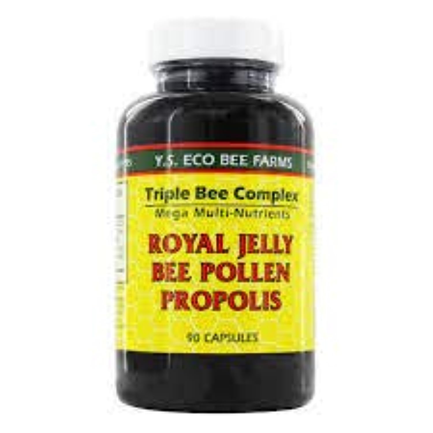 YS Organics Triple Bee Complex; etiqueta visible, mezcla de propóleos y polen para bienestar.