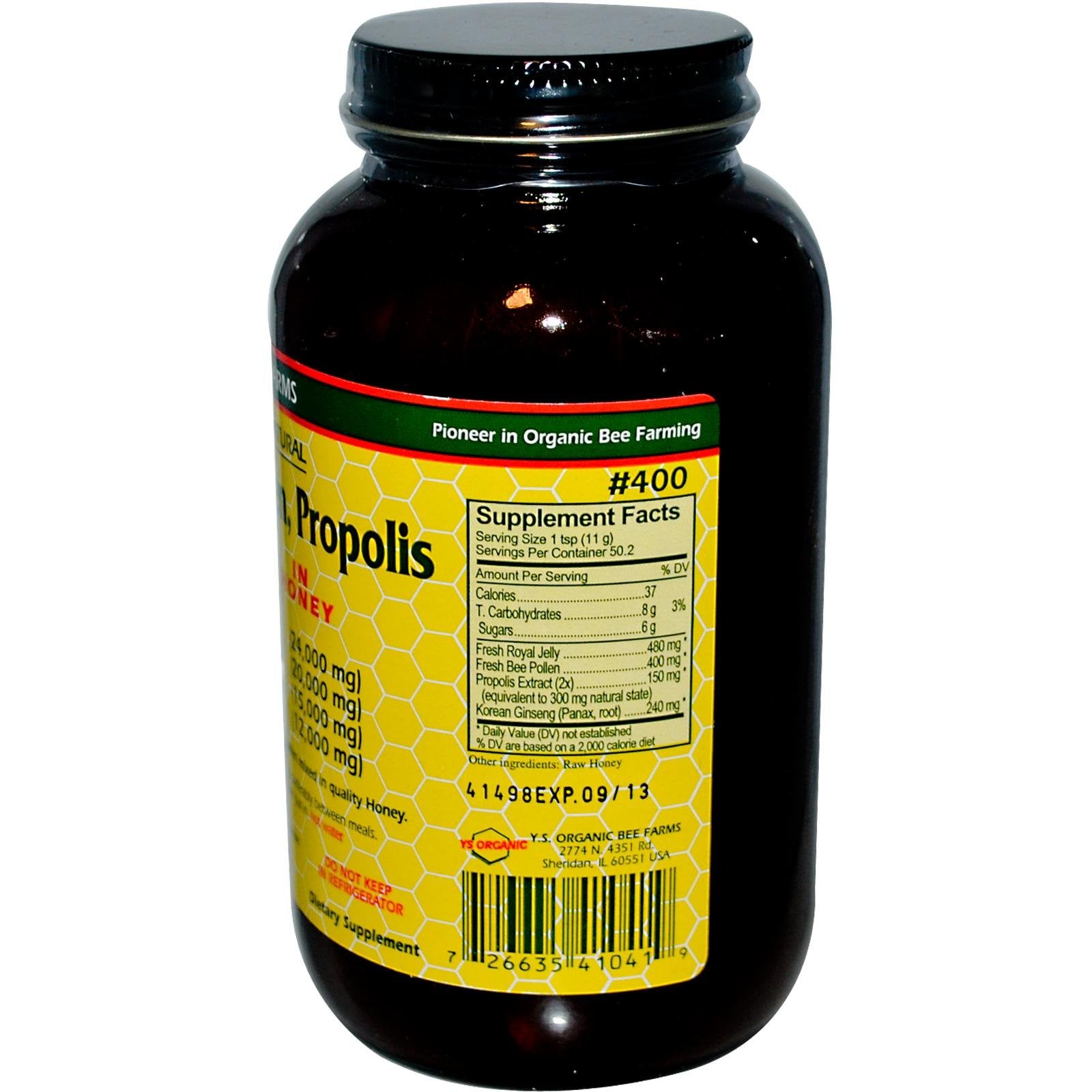 YS Royal Jelly mezcla de jalea real y propóleo en miel apta para la vitalidad diaria.