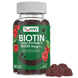 YUM-V'S Biotina gominolas frambuesa, botella frontal para rutina diaria de cabello y uñas
