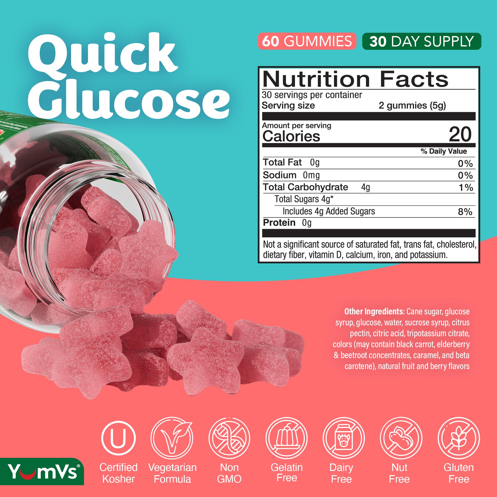 Sabores frutos rojos de YUM-V'S Glucosa para un sabor agradable al masticar.