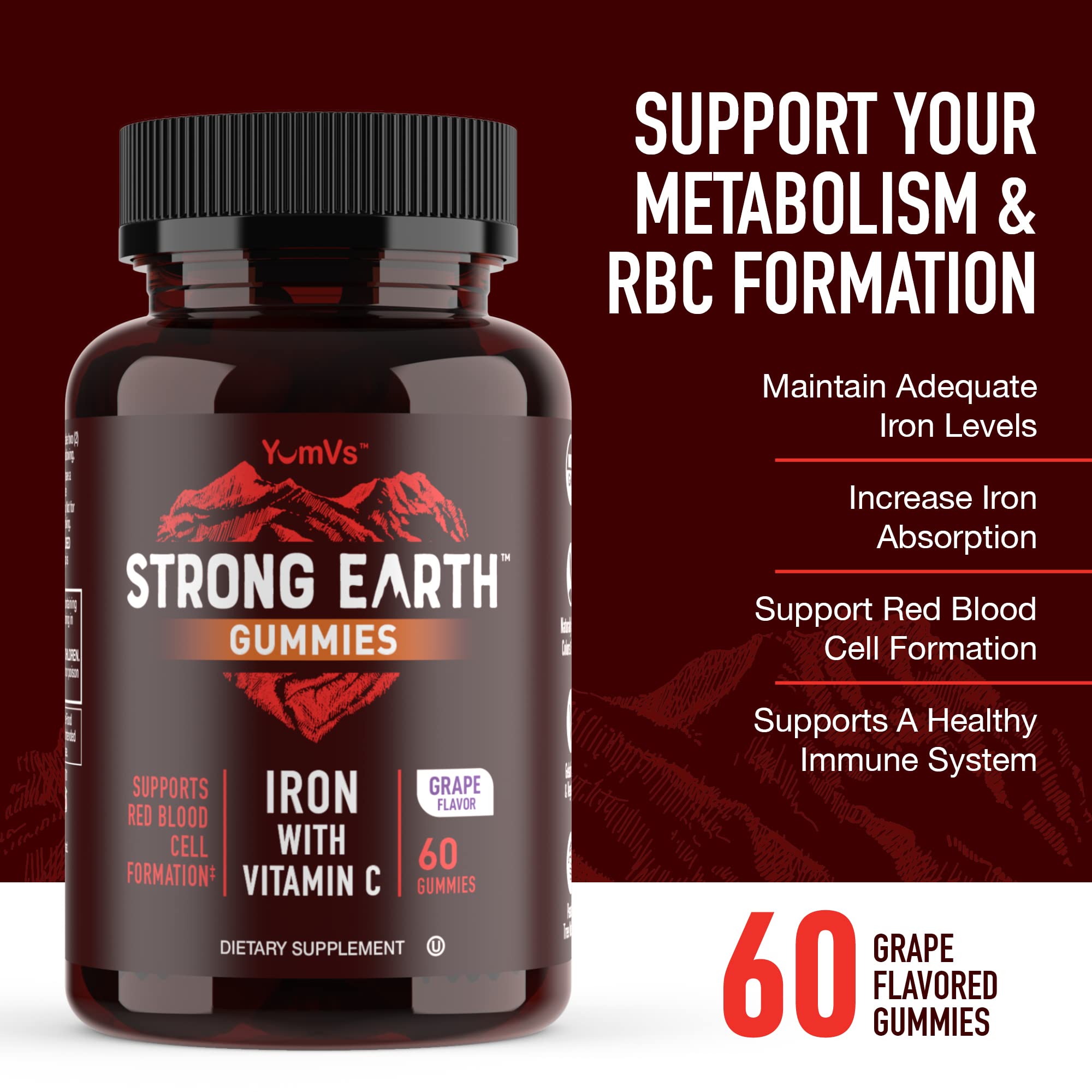 Gominolas de sabor uva de YUM-V'S Strong Earth Iron, ideal para apoyar la ingesta diaria.