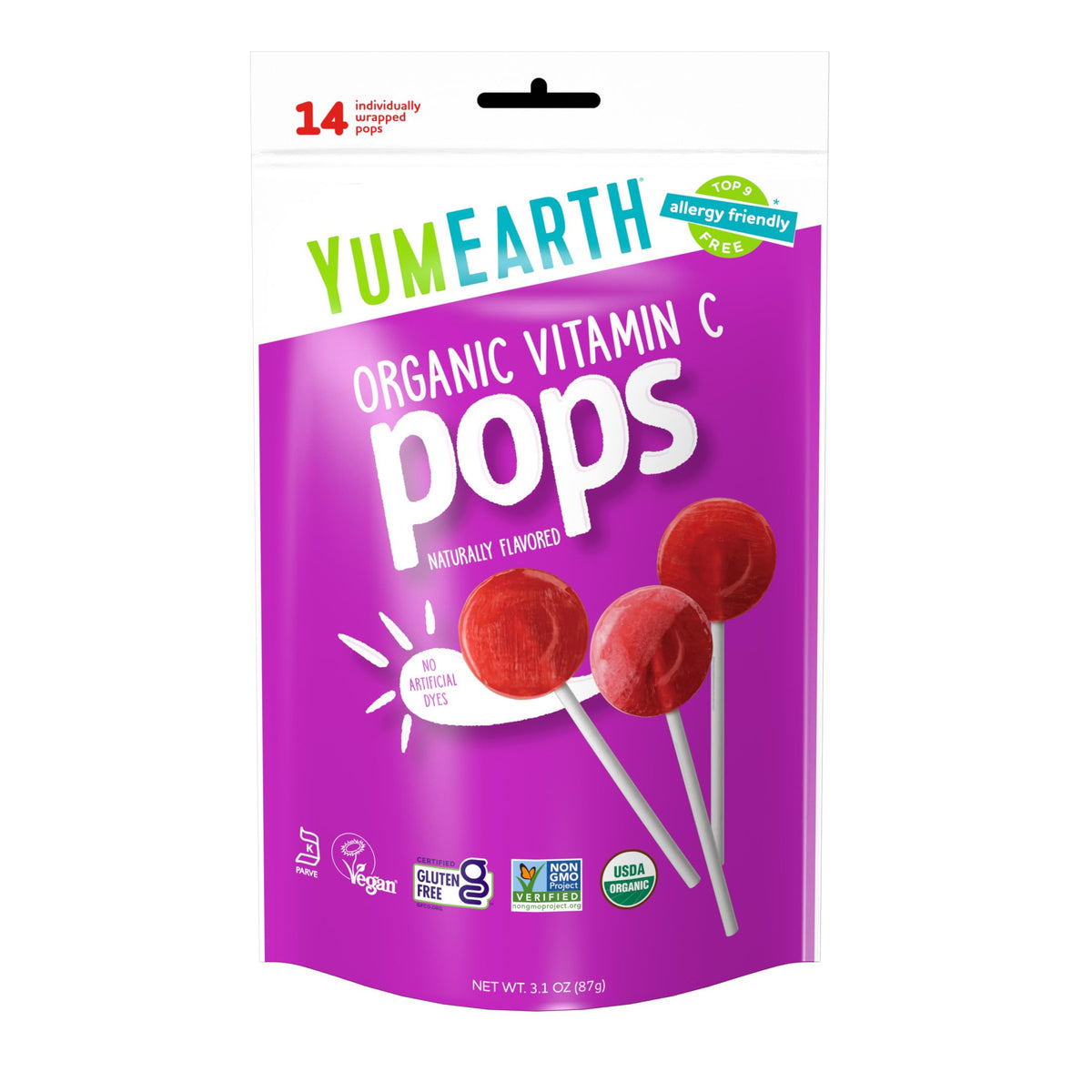 YumEarth Vitamin-C Pops: paquete frontal, snack saludable sin colorantes artificiales