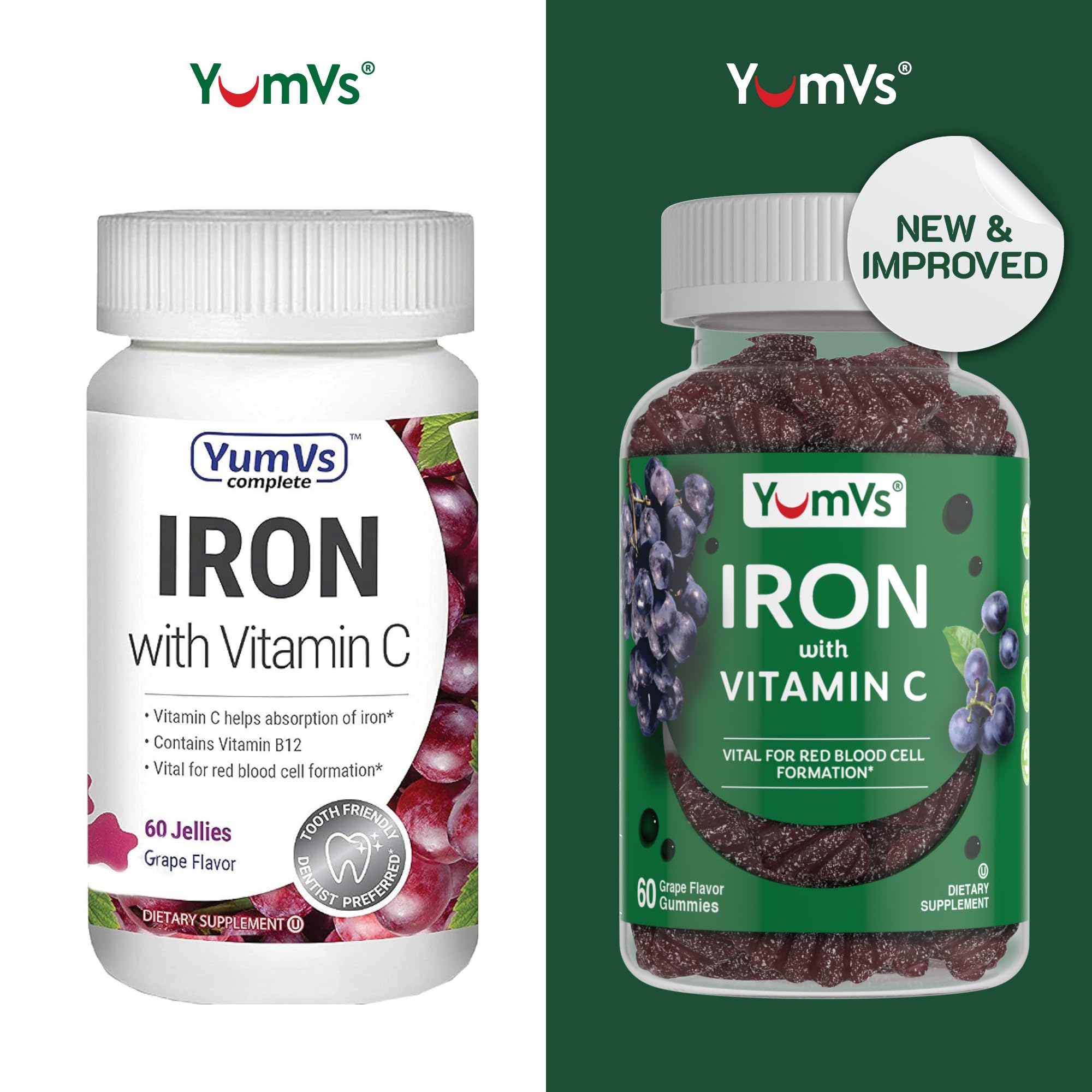 Gomitas sabor uva de YUM-V'S con 10 mg de hierro para niños.