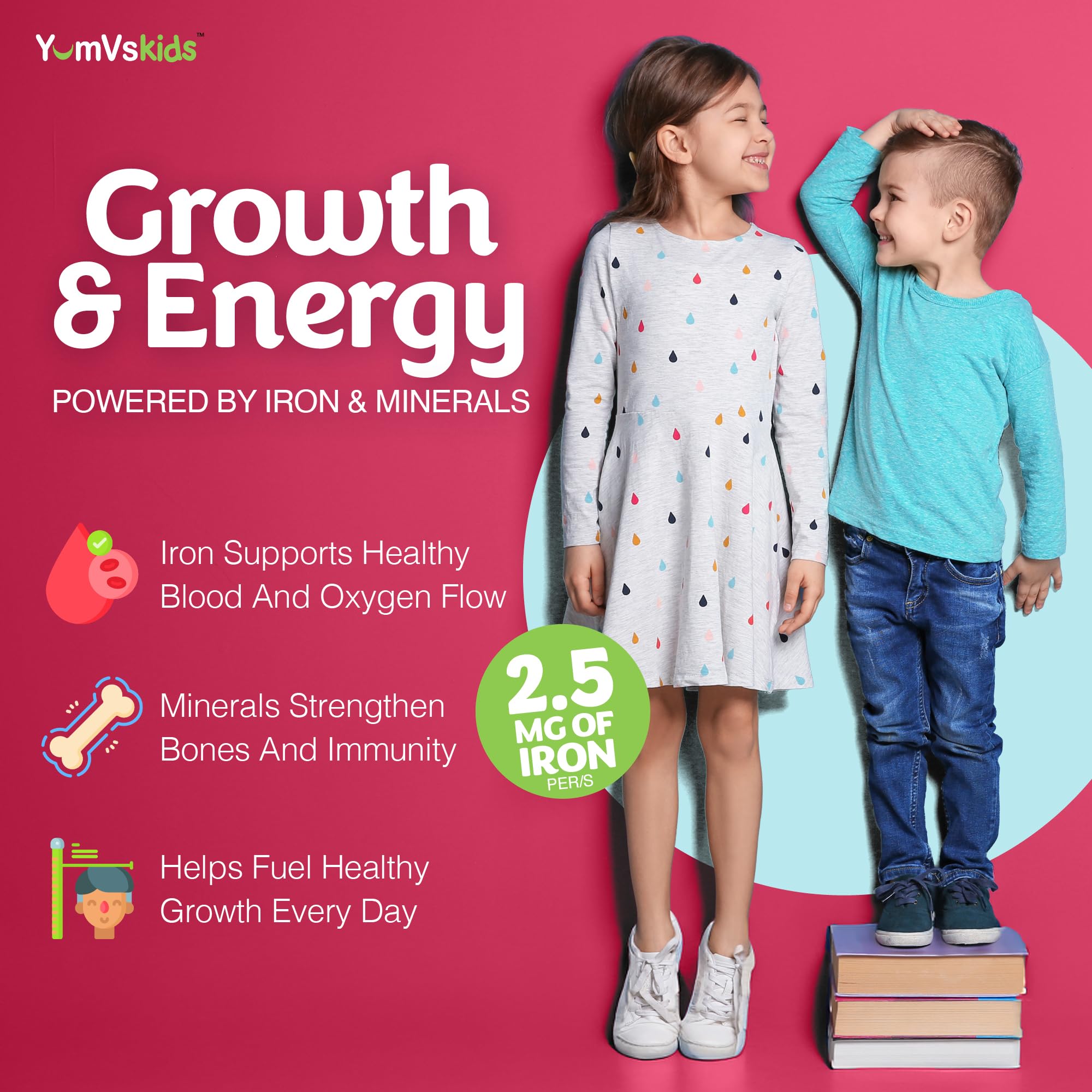 YUM-V'S YumVs Kids Multivitamin nutrientes clave para crecimiento y energía diaria.