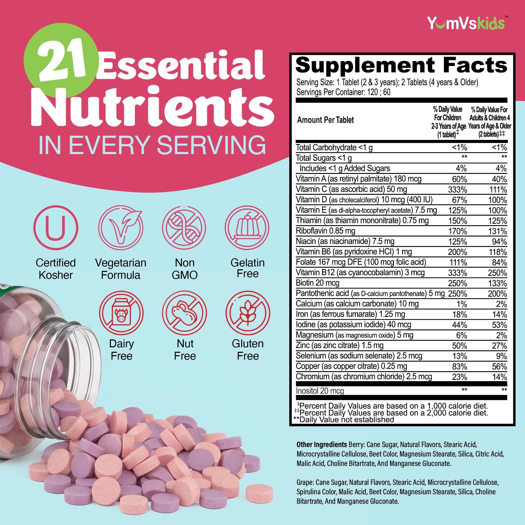 YUM-V'S YumVs Kids Multivitamin tabletas sabor uva para niños, consumo fácil.