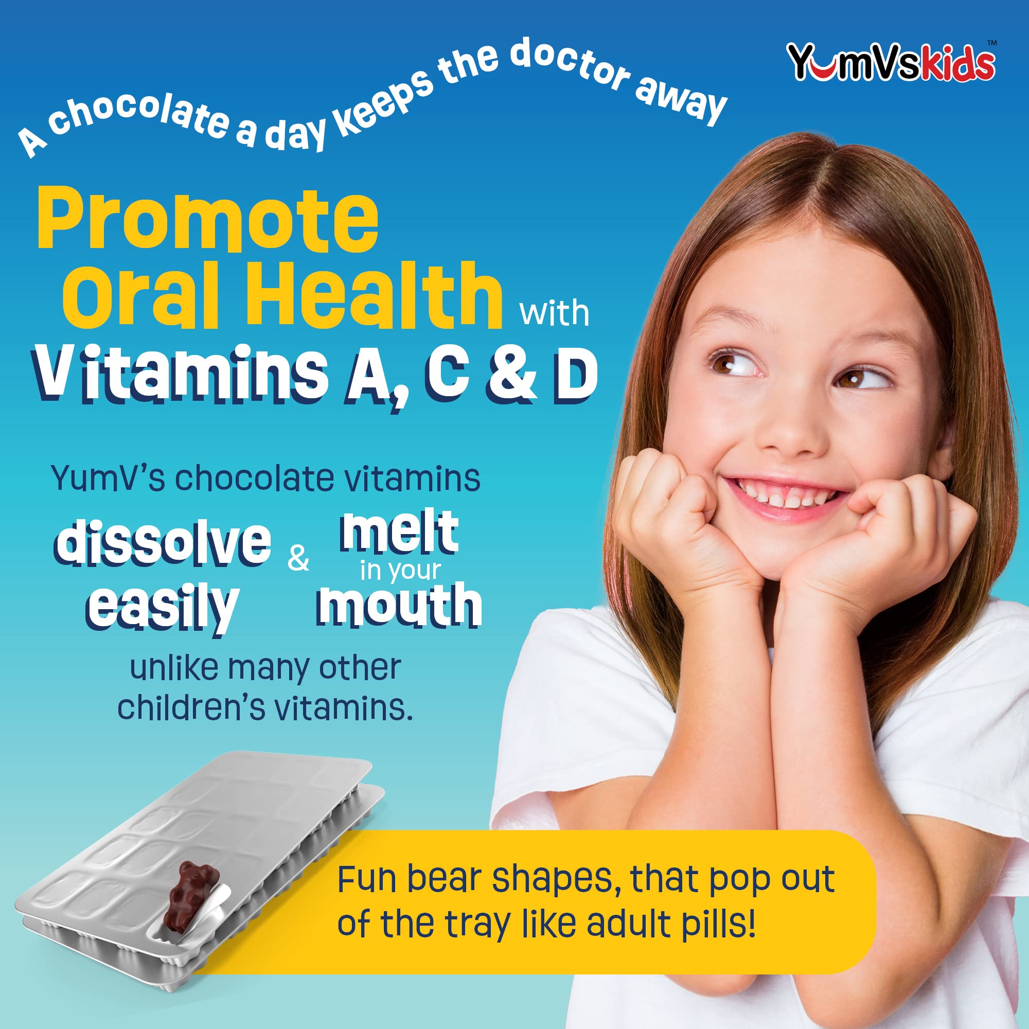 YUM-V'S contiene 16 vitaminas y minerales para crecimiento y desarrollo saludable.