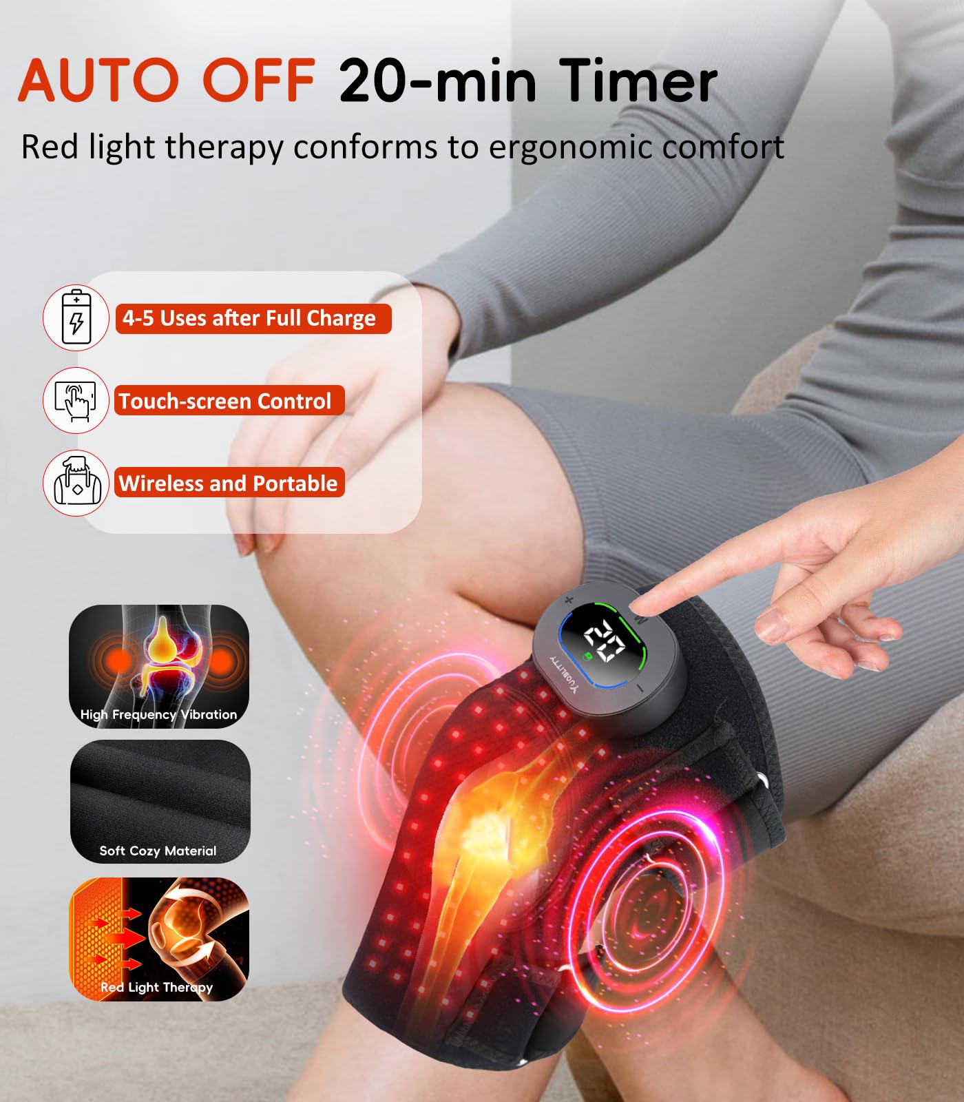 La vibración YUQBLITTY para rodilla ofrece 3 intensidades y calor suave.