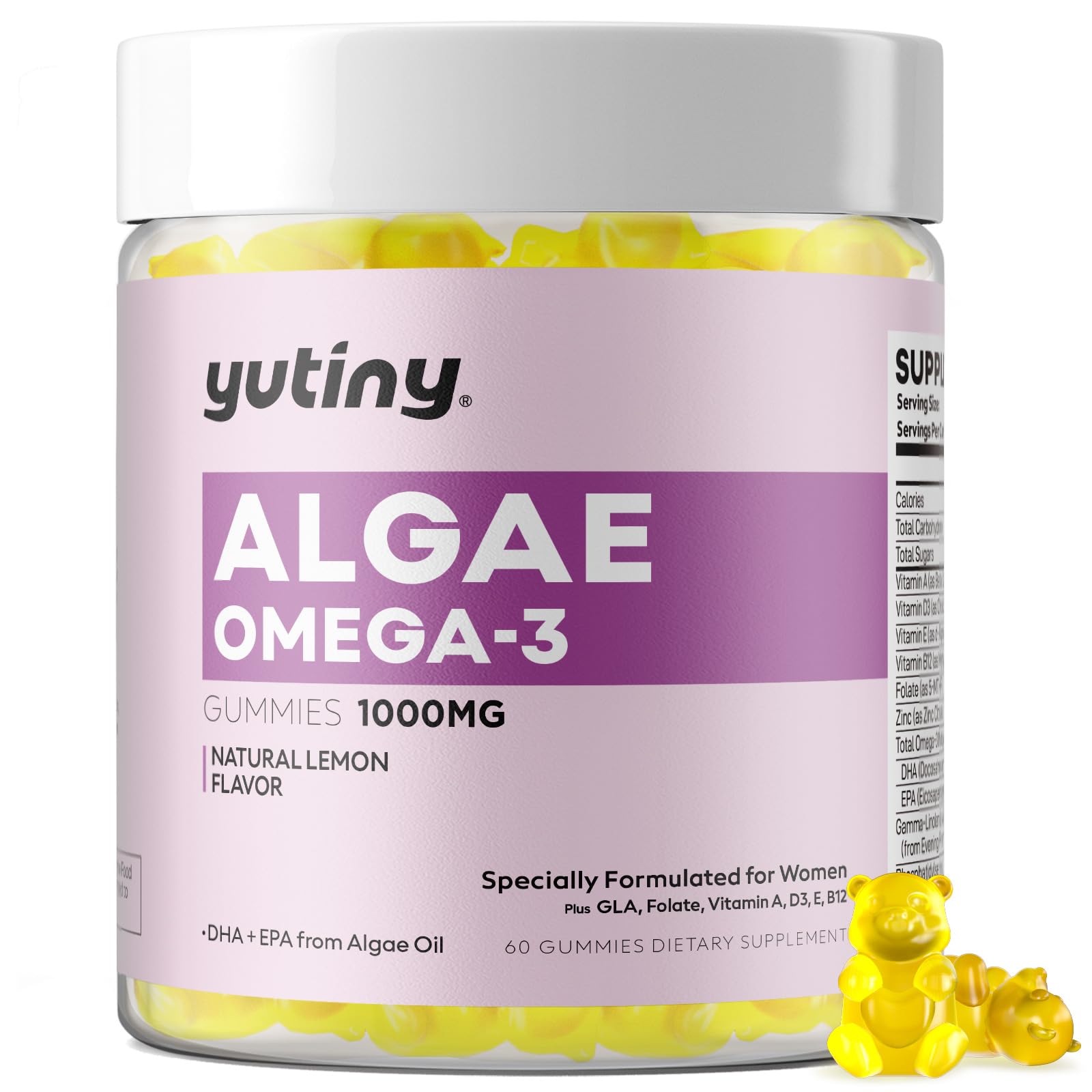 Gomitas Yutiny Omega-3 para mujeres en empaque elegante, consumo diario.