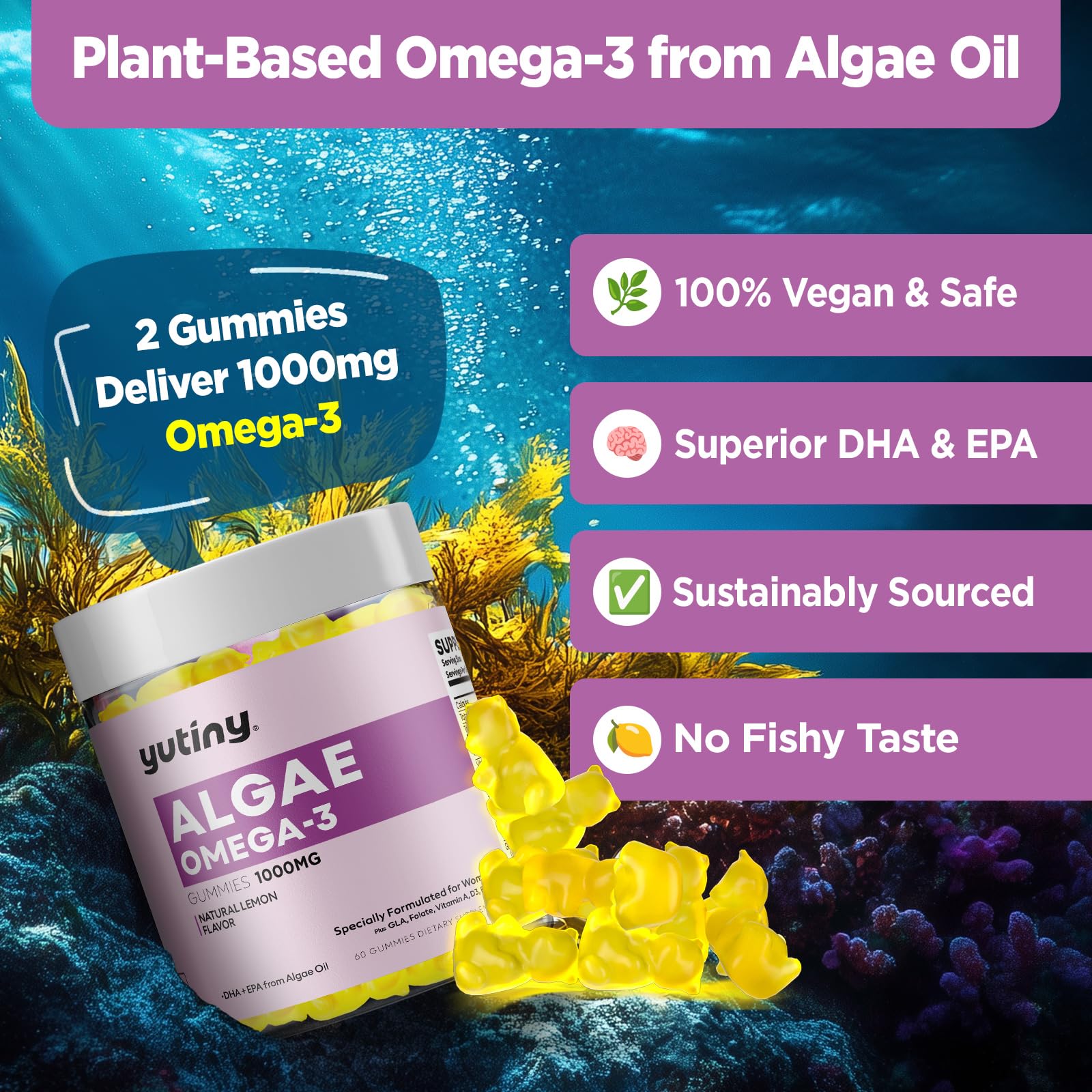 Gomitas Yutiny Omega-3, fáciles de masticar para la rutina diaria.