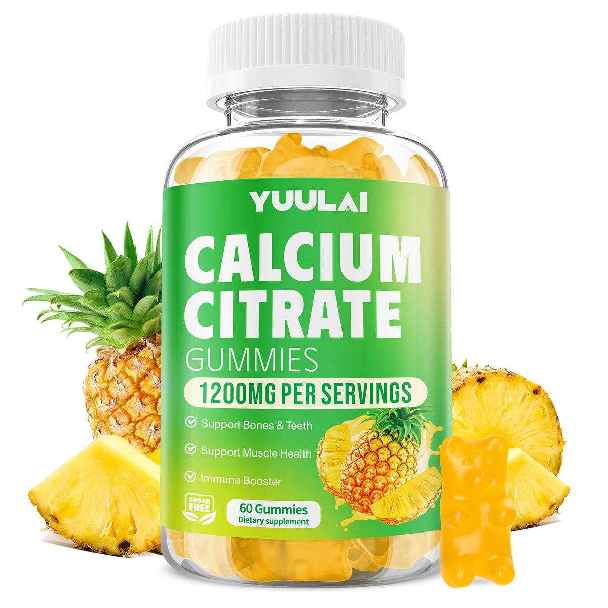 Gomitas Yuulai Citrato de Calcio 1200 mg en caja, soporte general para huesos.