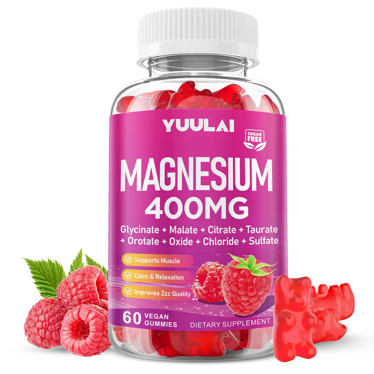 Gomitas YUULAI Magnesio 8 formas para apoyo a la energía y la calma diaria.