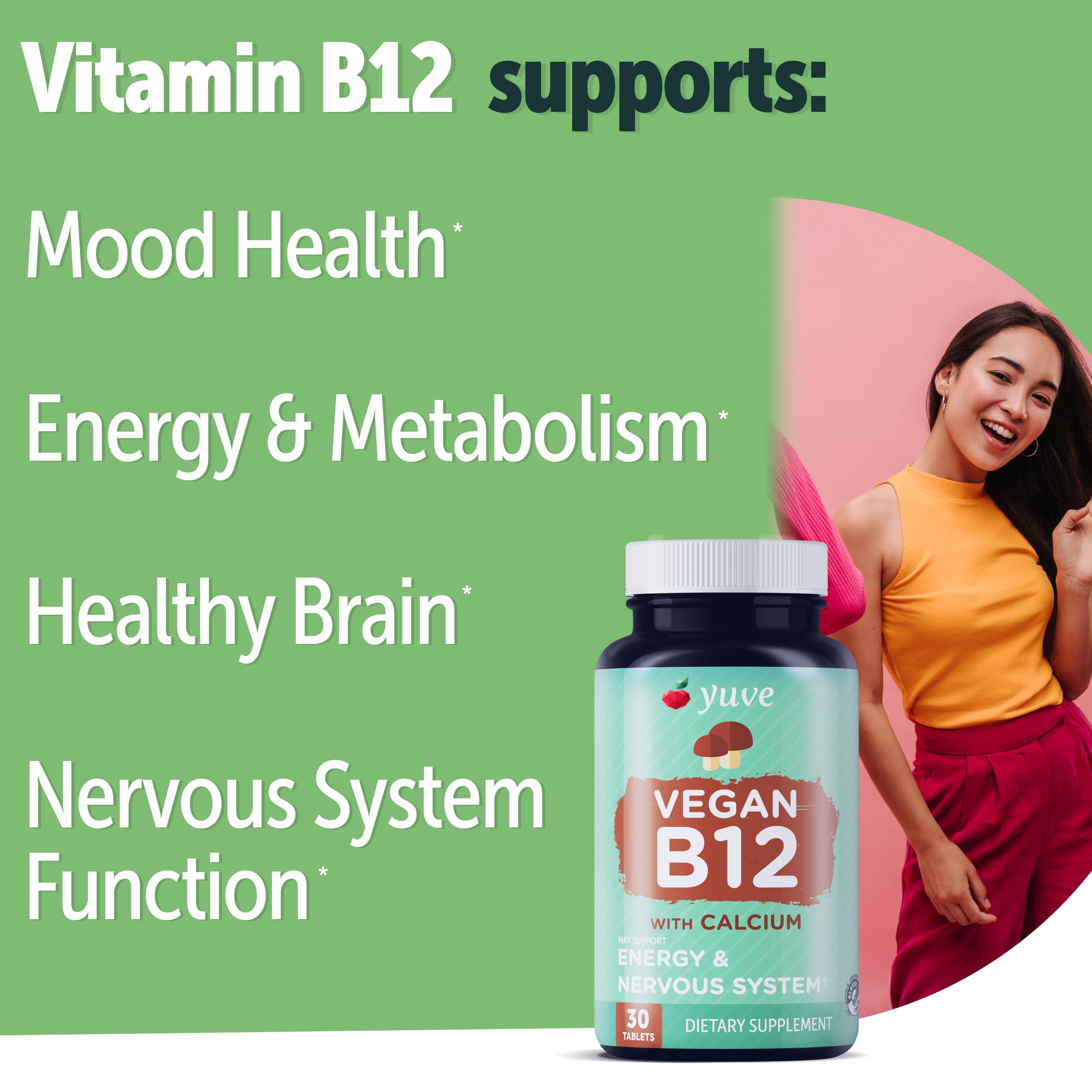 Yuve B12 vegana en cápsulas para energía diaria y claridad.