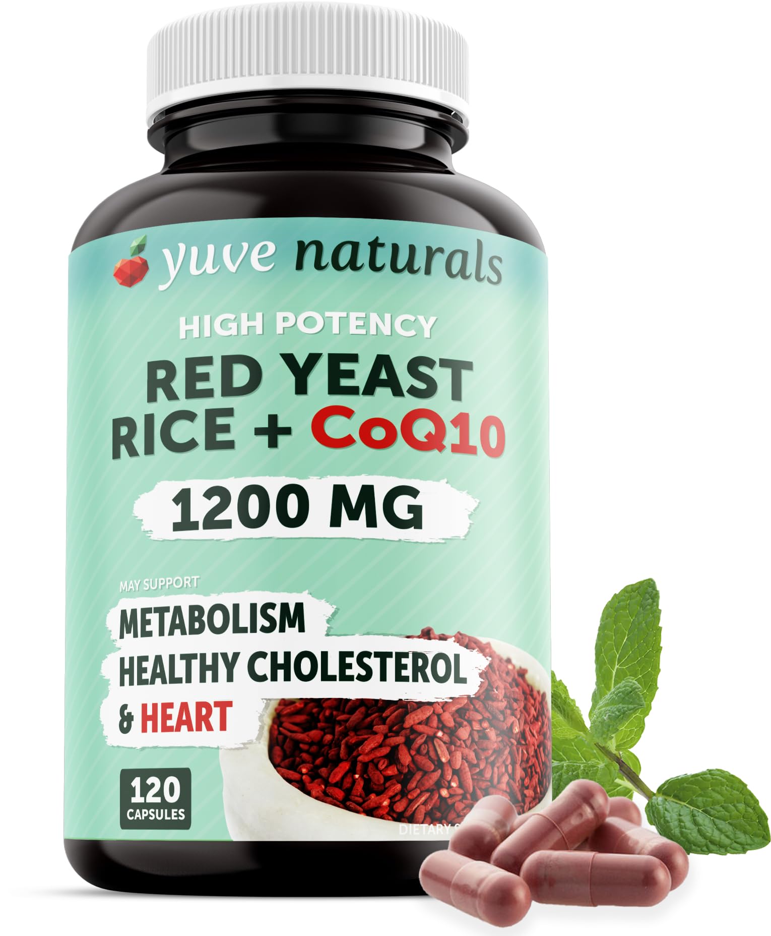 Yuve Arroz de levadura roja 1200 mg con CoQ10 en botella para uso diario.