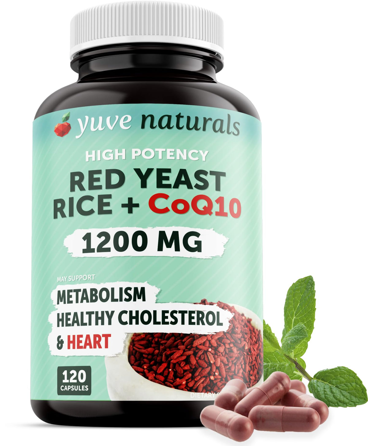 Yuve Arroz de levadura roja 1200 mg con CoQ10 en botella para uso diario.