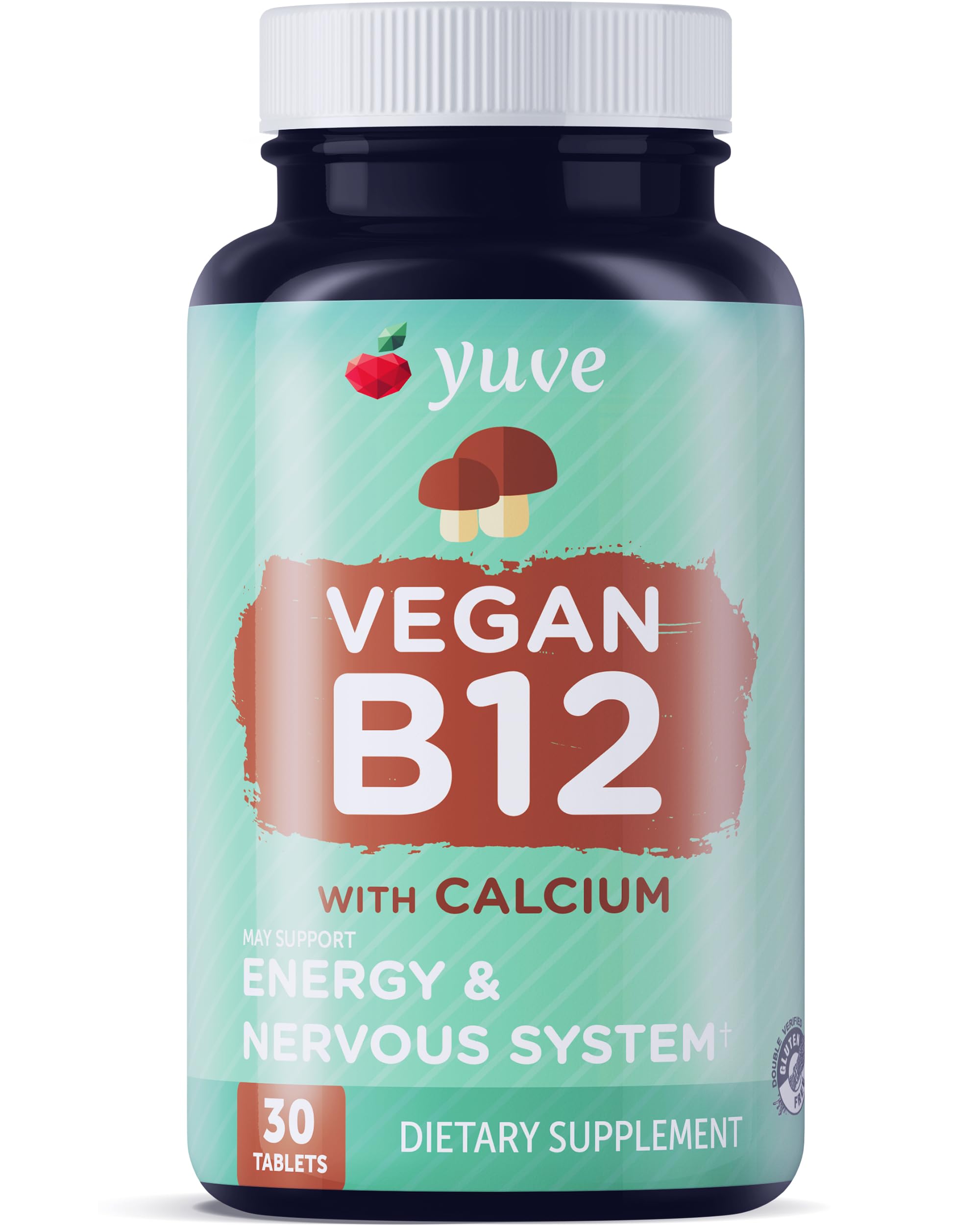 Yuve B12 vegana con calcio en botella, enfocada en absorción óptima.