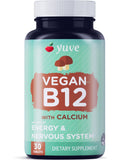 Yuve B12 vegana con calcio en botella, enfocada en absorción óptima.