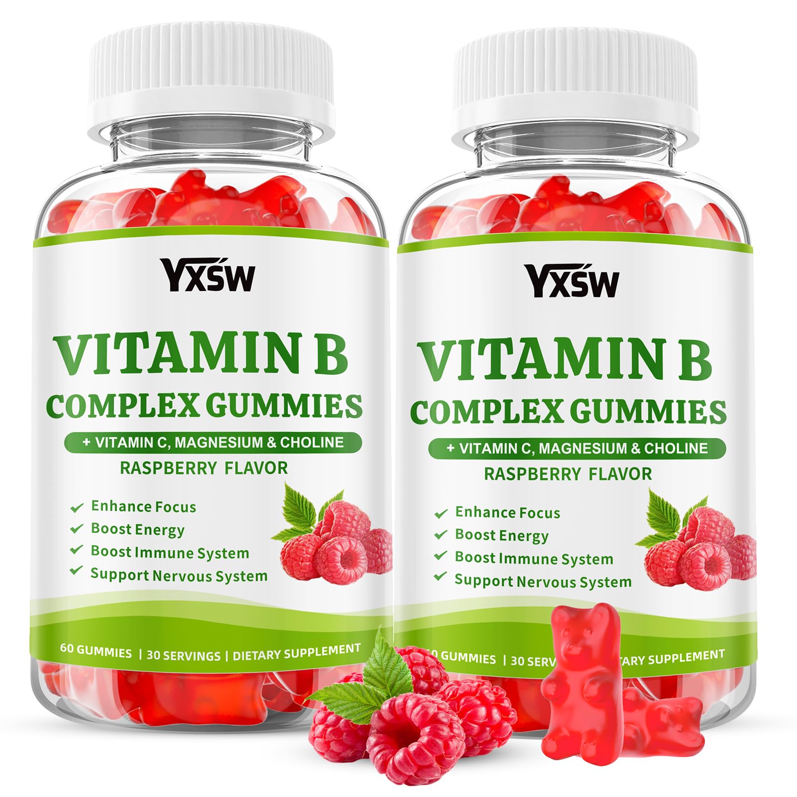yxsw gomitas complejo B frambuesa, frasco visible para energía diaria