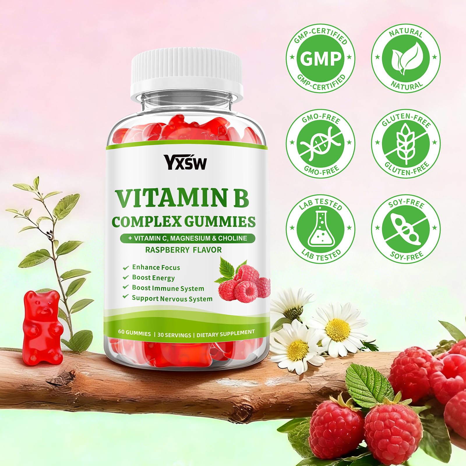 yxsw dosis diaria gomitas complejo B frambuesa, opción sabrosa de nutrientes