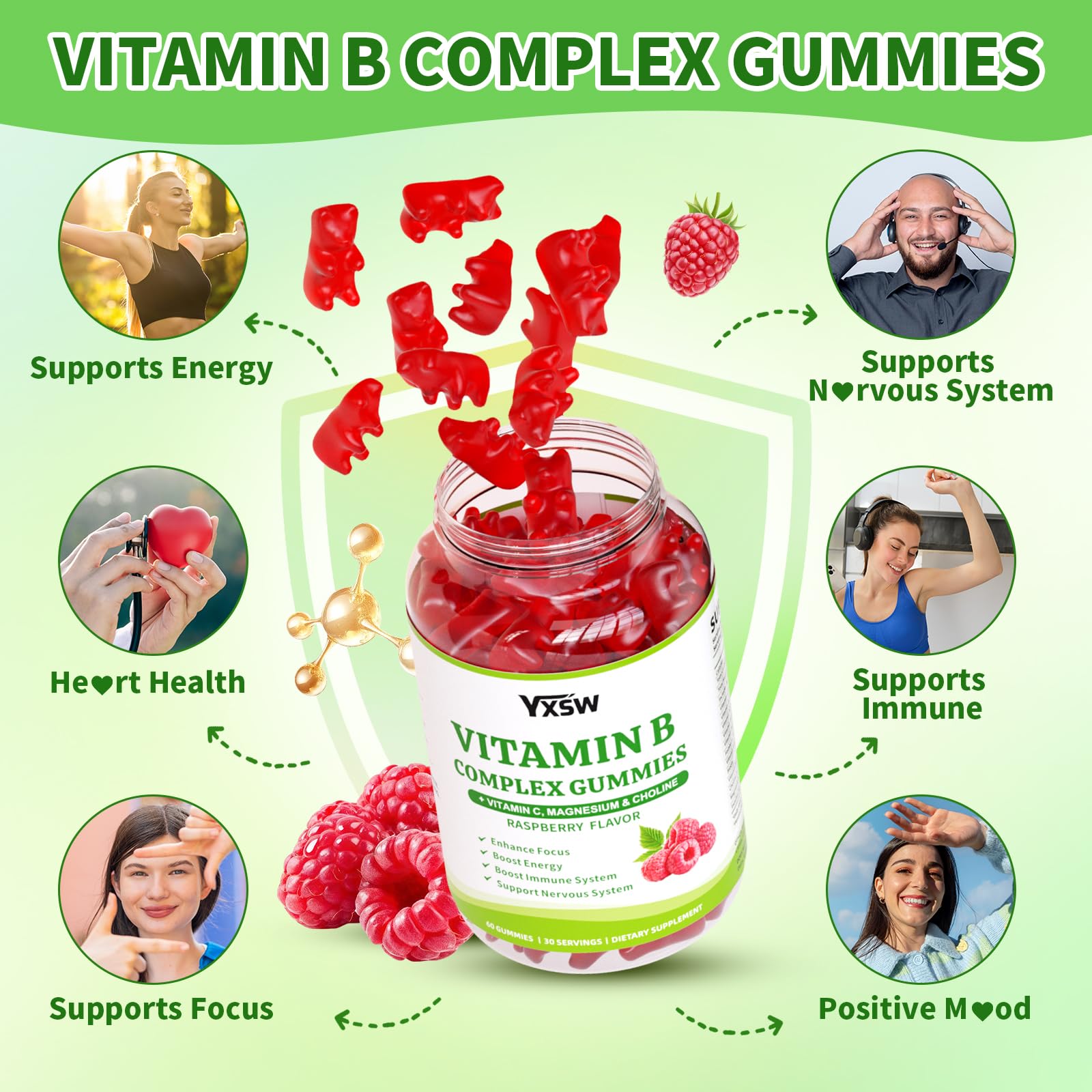 yxsw gomitas complejo B frambuesa, envase compacto y fácil de identificar