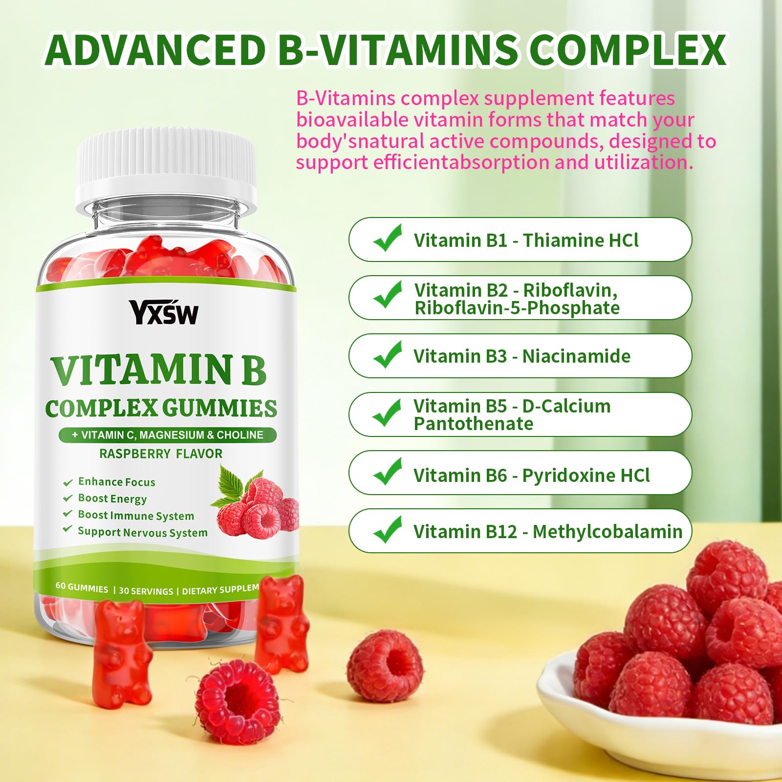 yxsw gomitas complejo B frambuesa, uso diario para rutina saludable