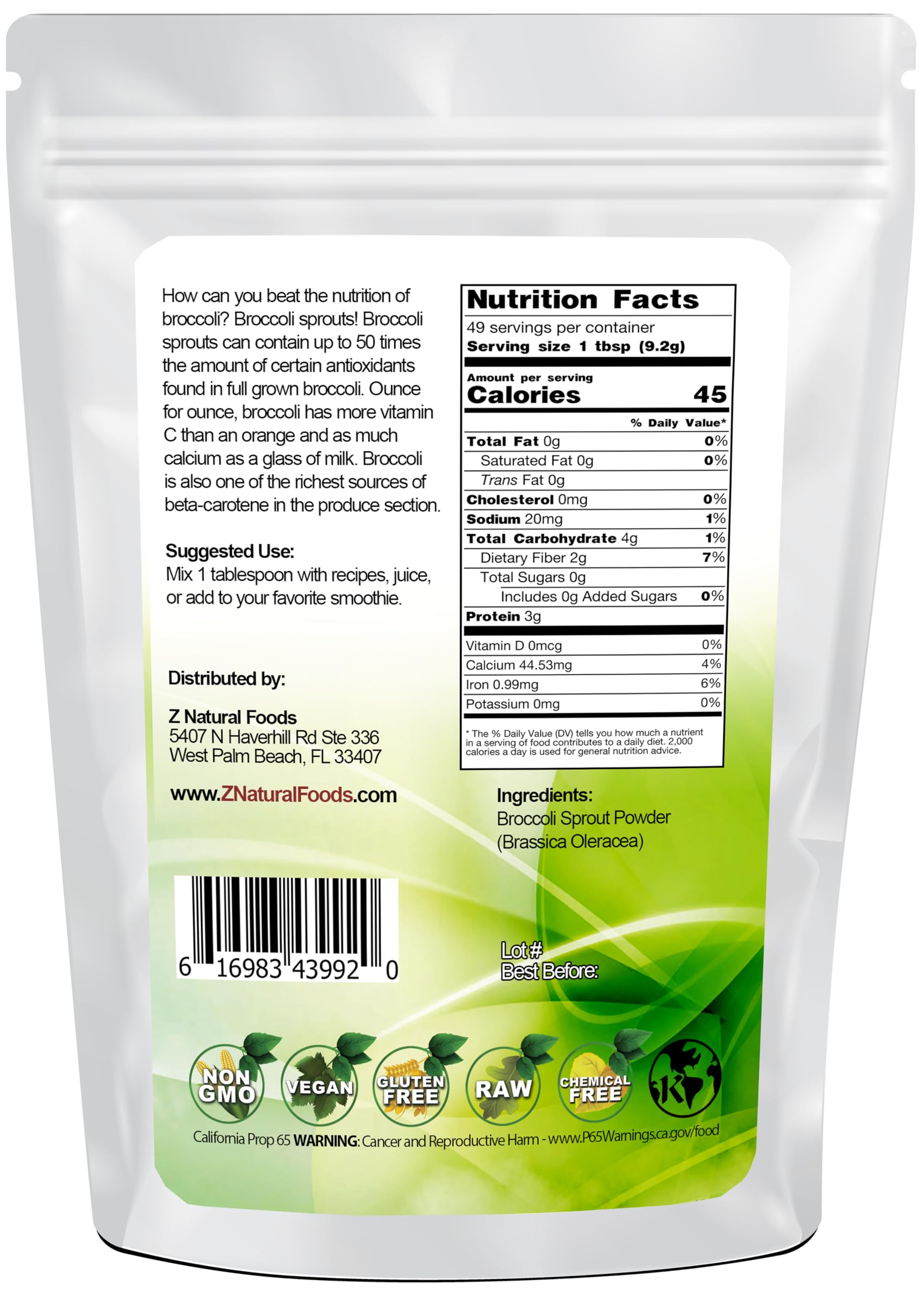 Z Natural Foods Polvo de Brotes Brócoli: antioxidantes para una dieta diaria.
