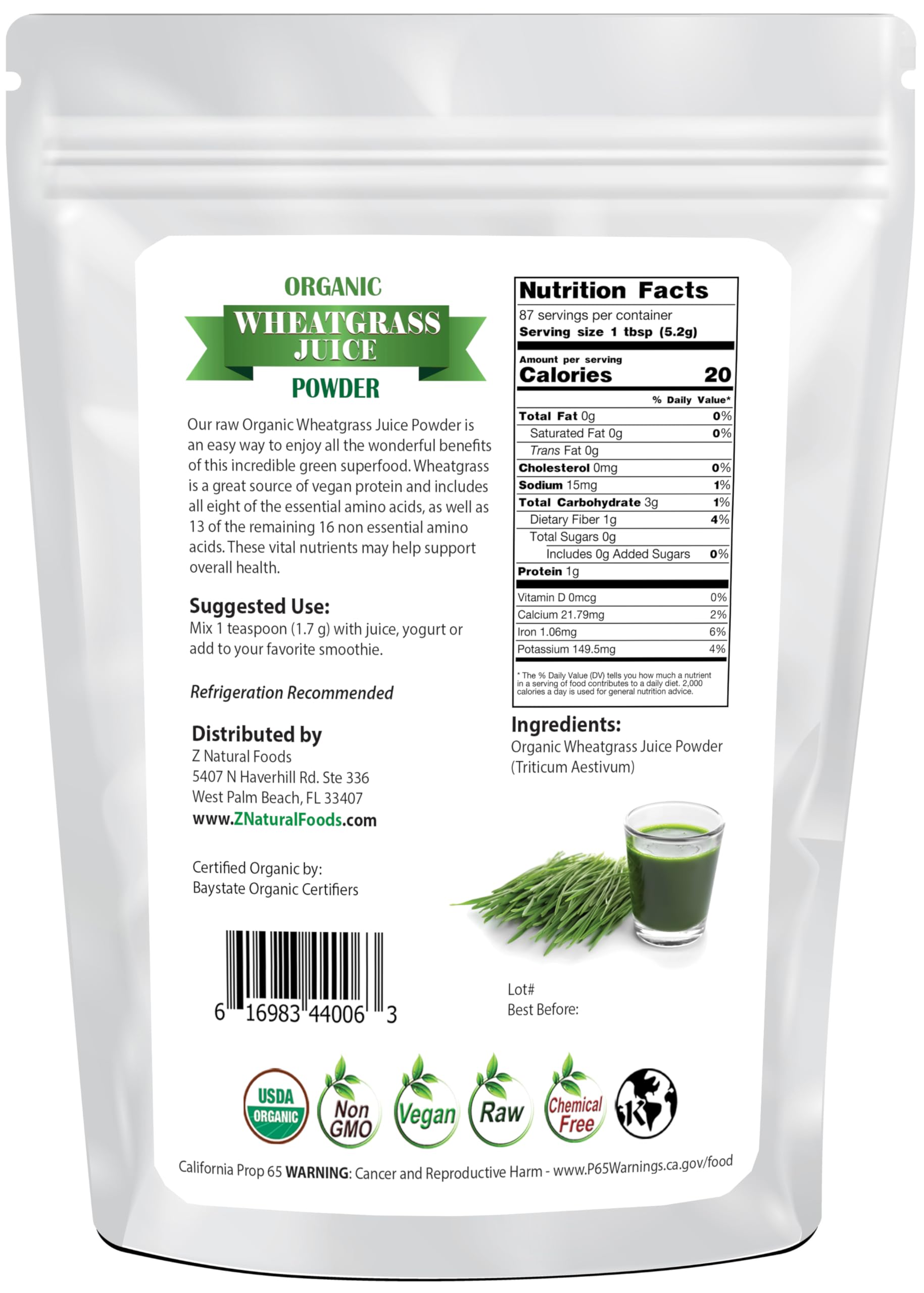 Z Natural Foods polvo de pasto de trigo en vaso, ideal para batidos