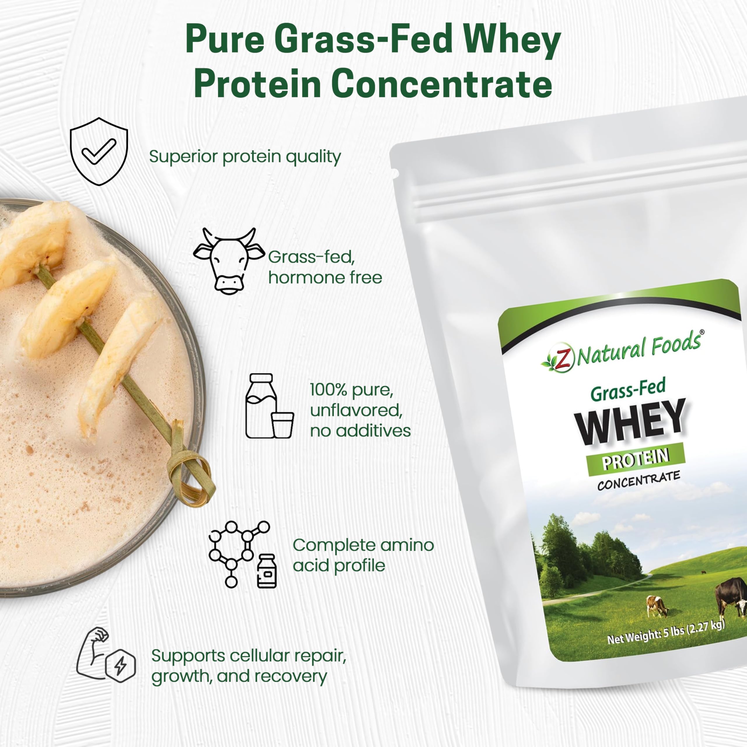 Z Natural Foods Proteína de suero: origen en Nueva Zelanda, vacas alimentadas con pasto.