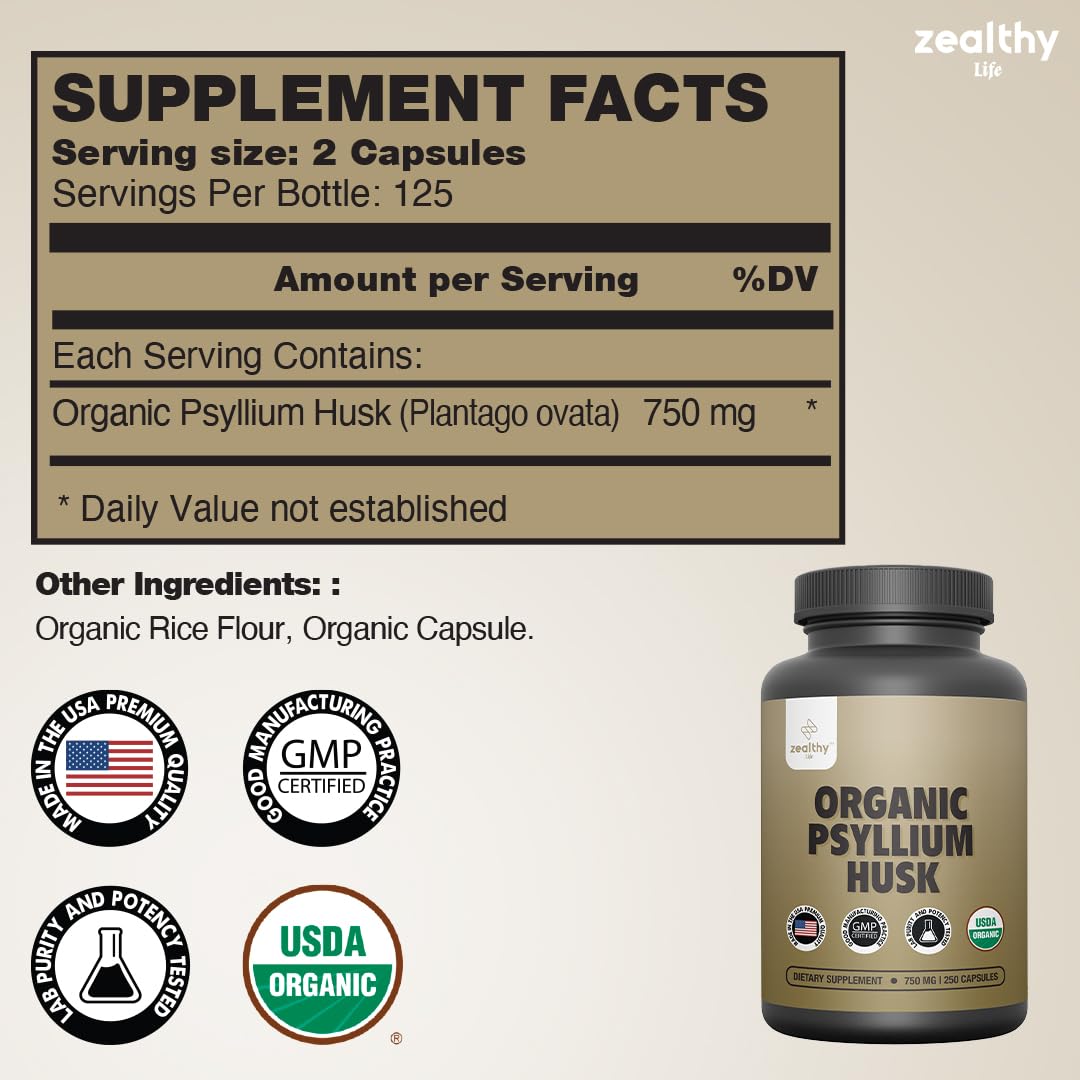 Etiqueta de Z Zealthy Life psyllium 750 mg, información clara de beneficios digestivos