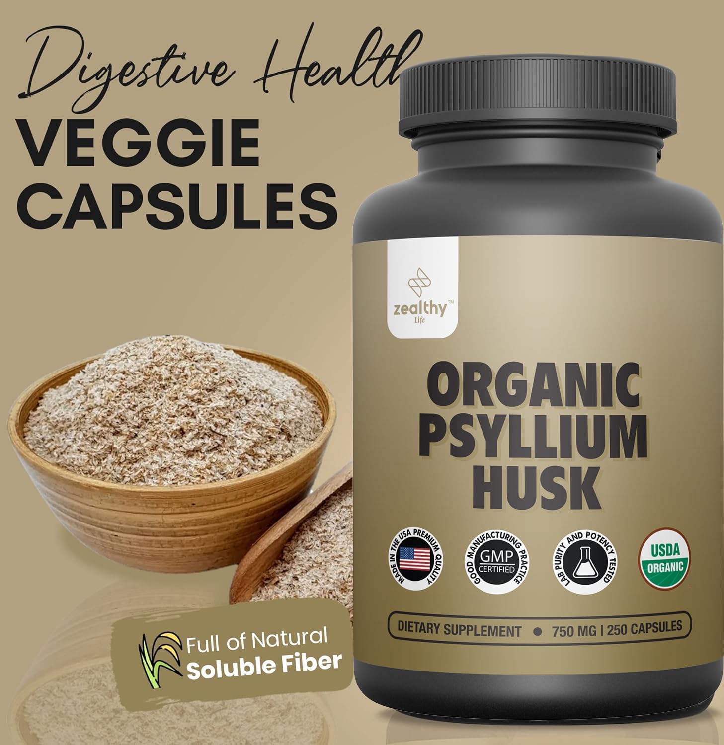 Textura natural de cápsulas psyllium 750 mg, Zealthy Life
