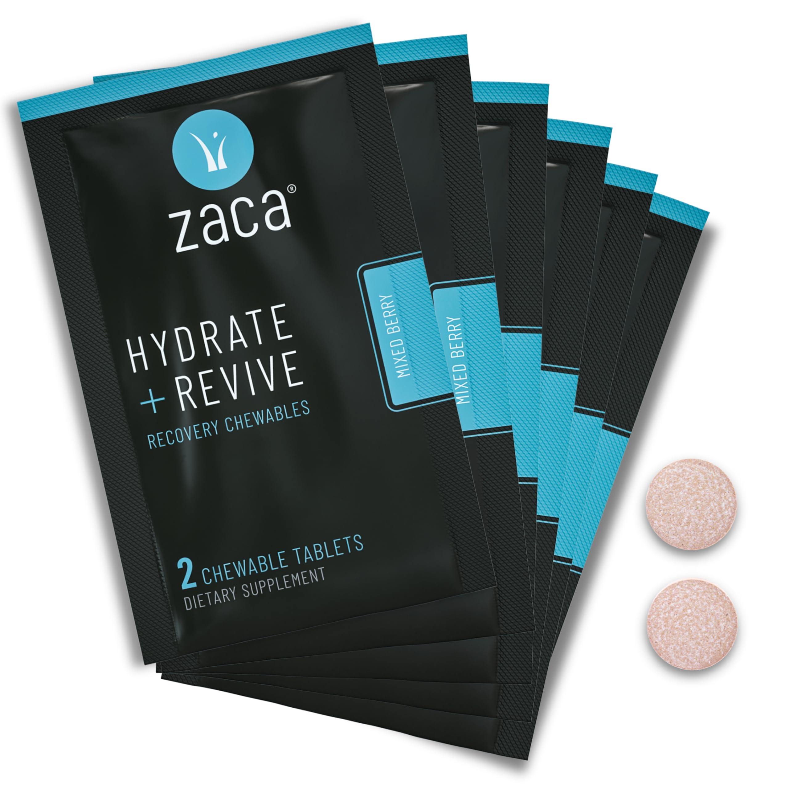Zaca Recuperación Masticable en empaque, ideal para llevar tras fiestas o viajes.