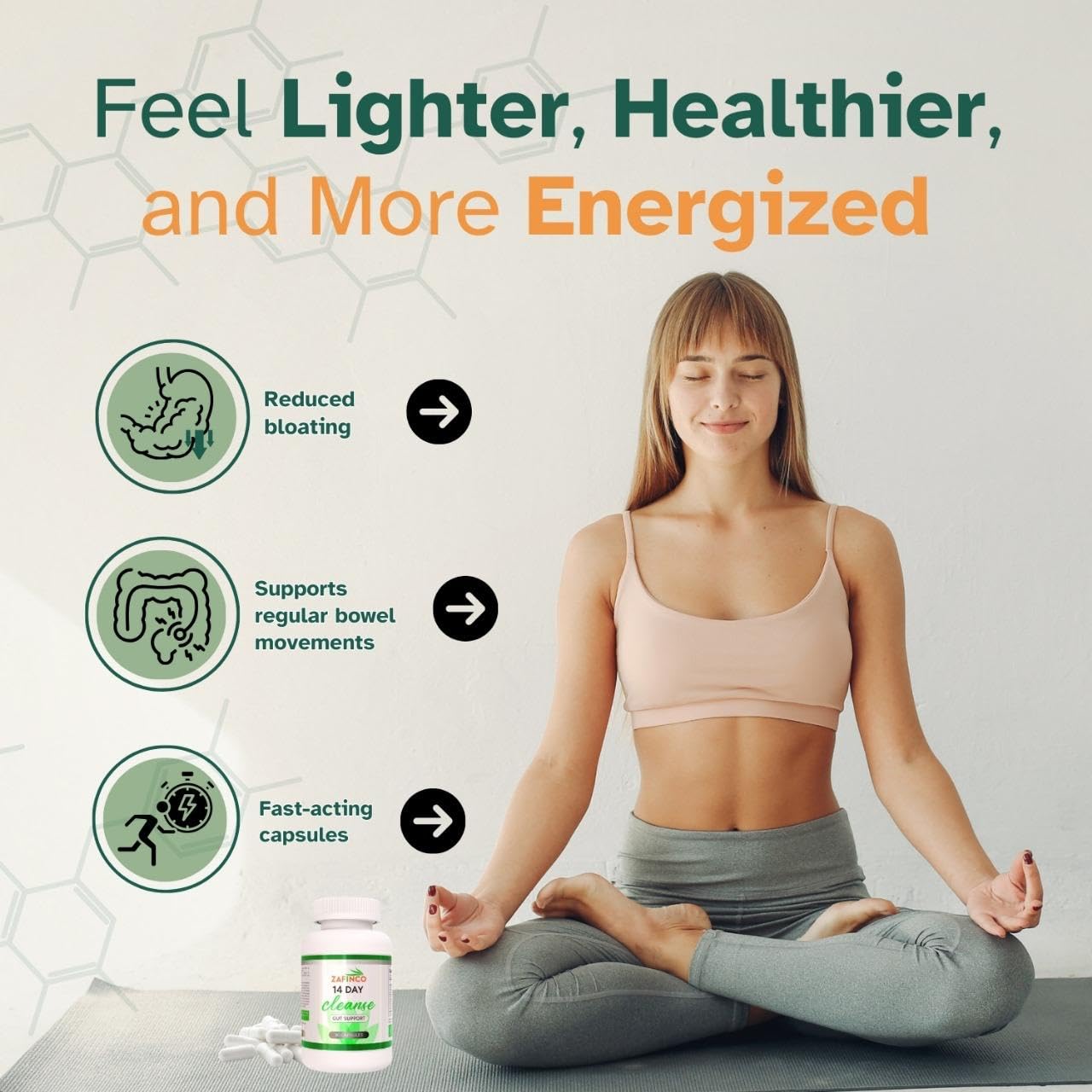 ZAFINCO Gut Relief: detalle de ingredientes herbales para digestión equilibrada.