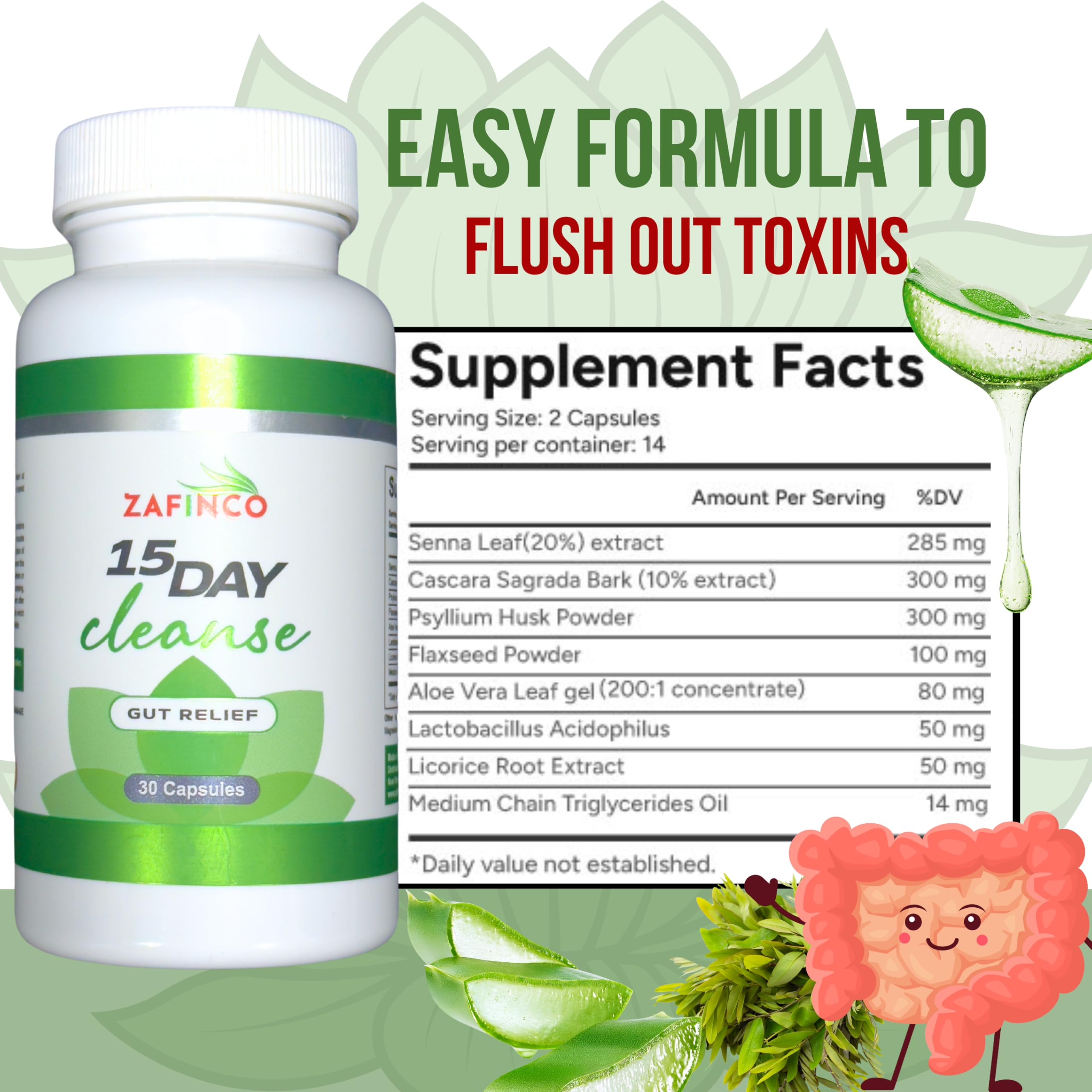 ZAFINCO Gut Relief: etiqueta frontal visible con información de la fórmula herbal.