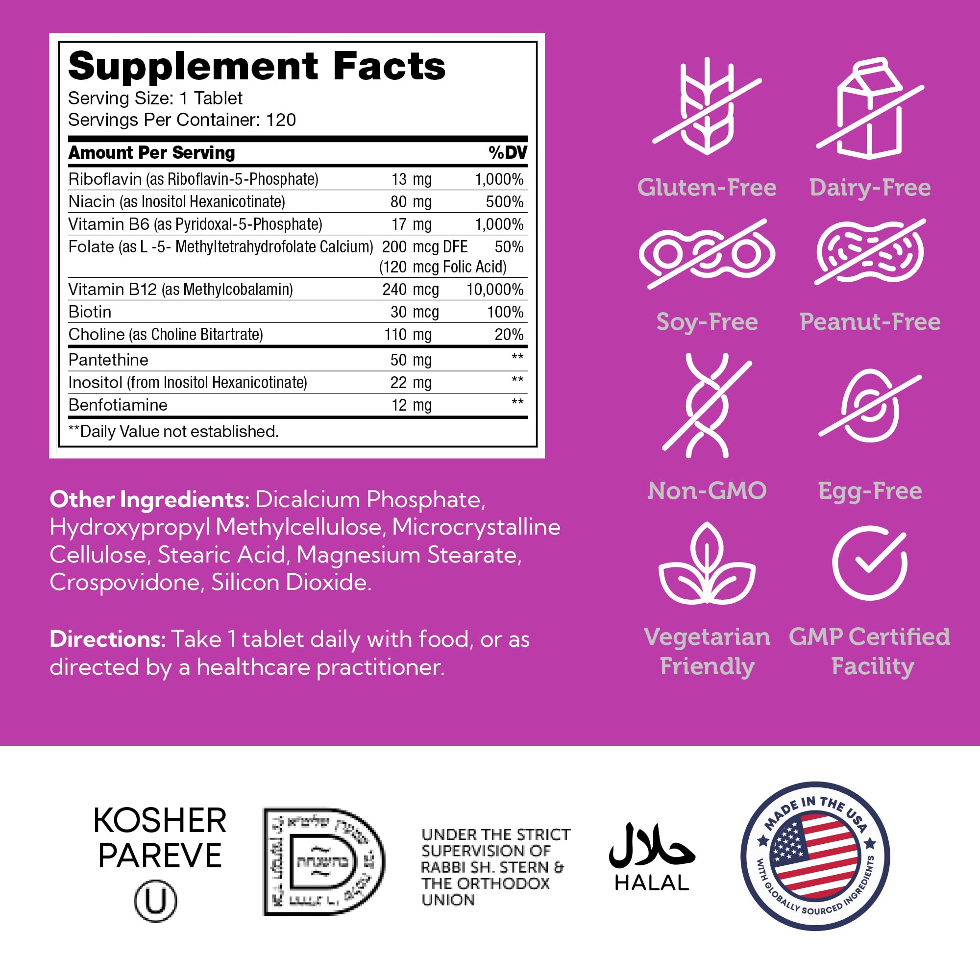 Envase Zahler B-Complex certificado kosher y apto para vegetarianos.