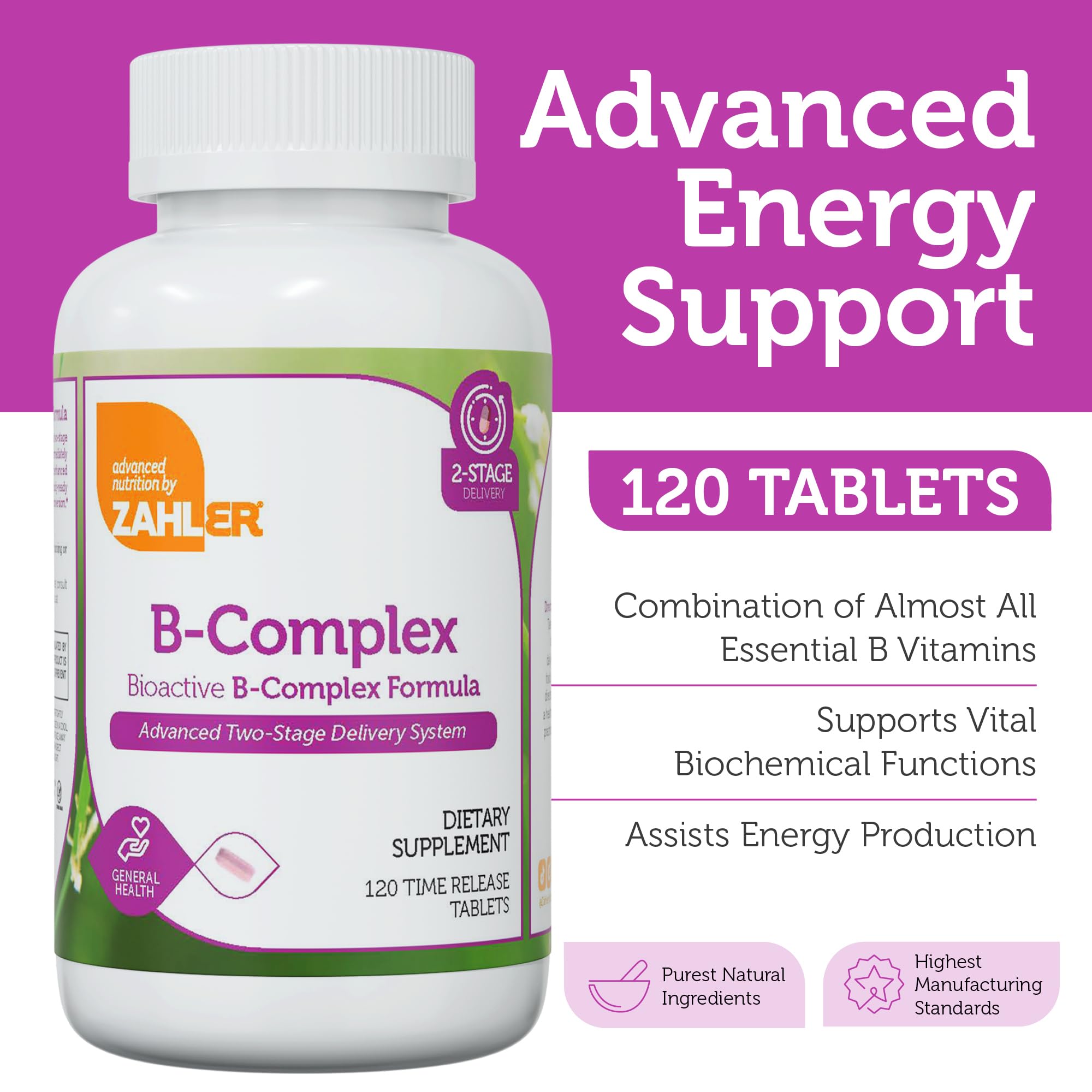 Etiqueta de Zahler B-Complex en frasco con información de beneficios.