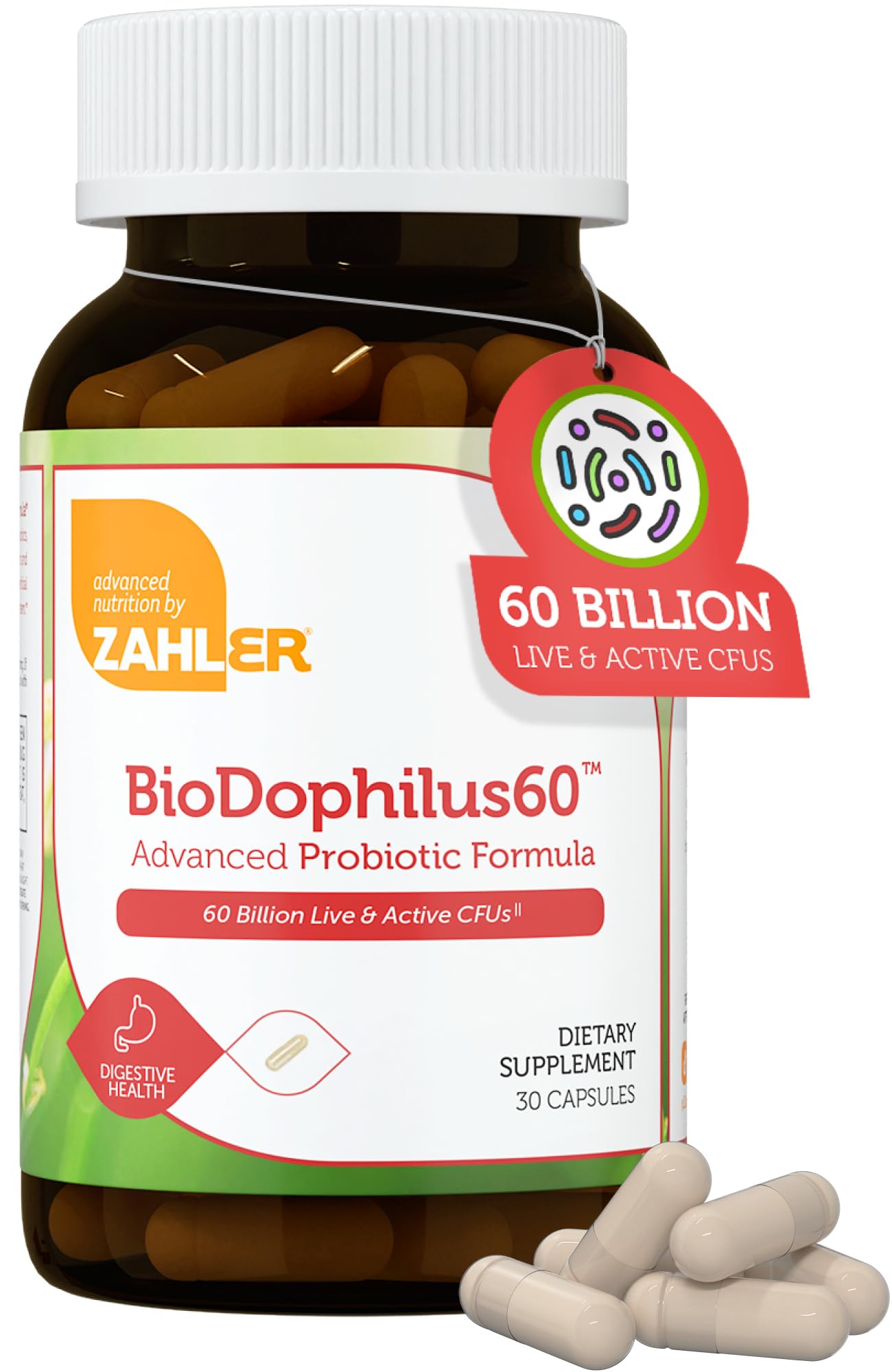 Zahler Biodophilus, botella de 30 cápsulas para apoyo digestivo diario.