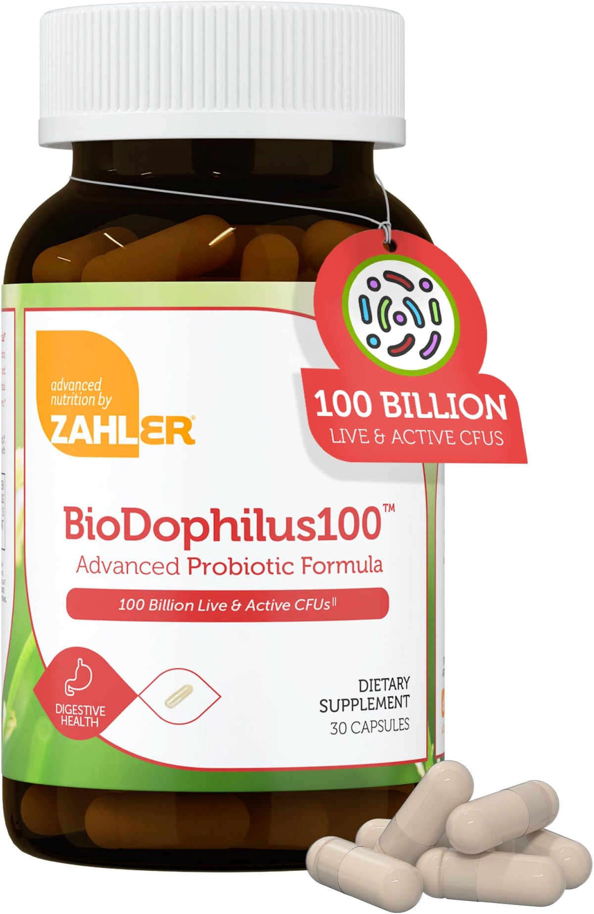 Frasco de Zahler BioDophilus100 en vidrio para uso diario de bienestar digestivo.