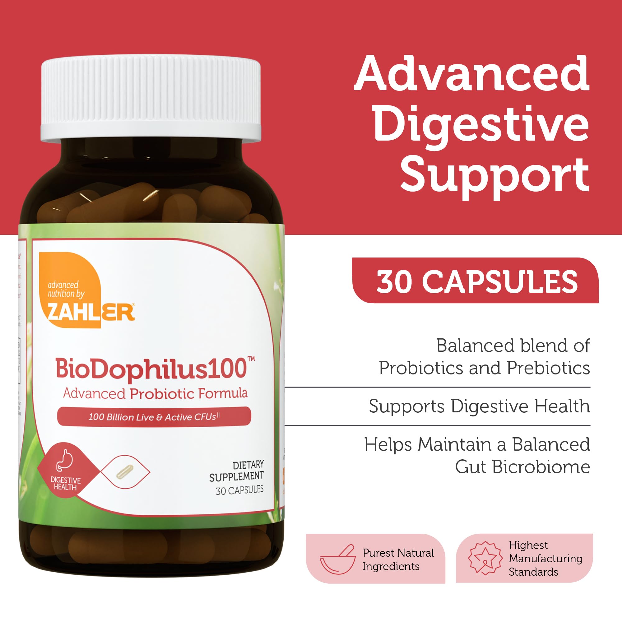 Etiqueta de Zahler BioDophilus100 con información clara sobre cepas y potencia.