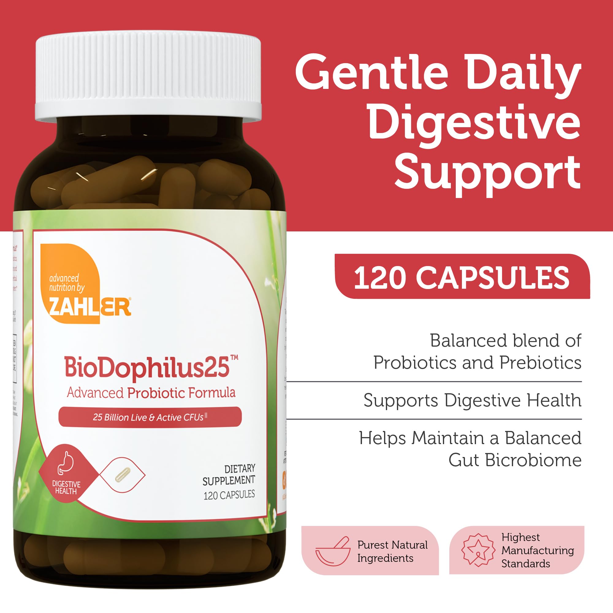 Zahler BioDophilus25 botella vertiendo cápsulas para dosificación diaria